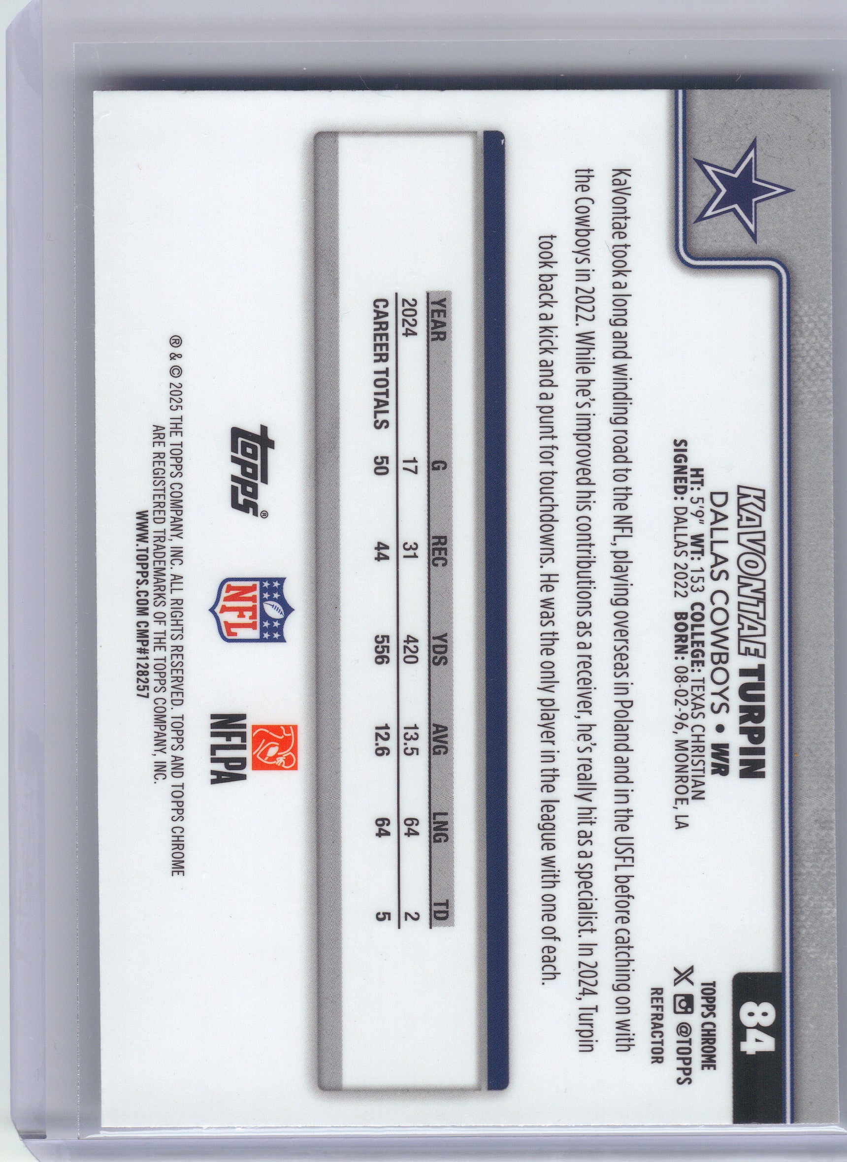 2025 Topps Chrome #84 KaVontae Turpin Refractor Dallas Cowboys