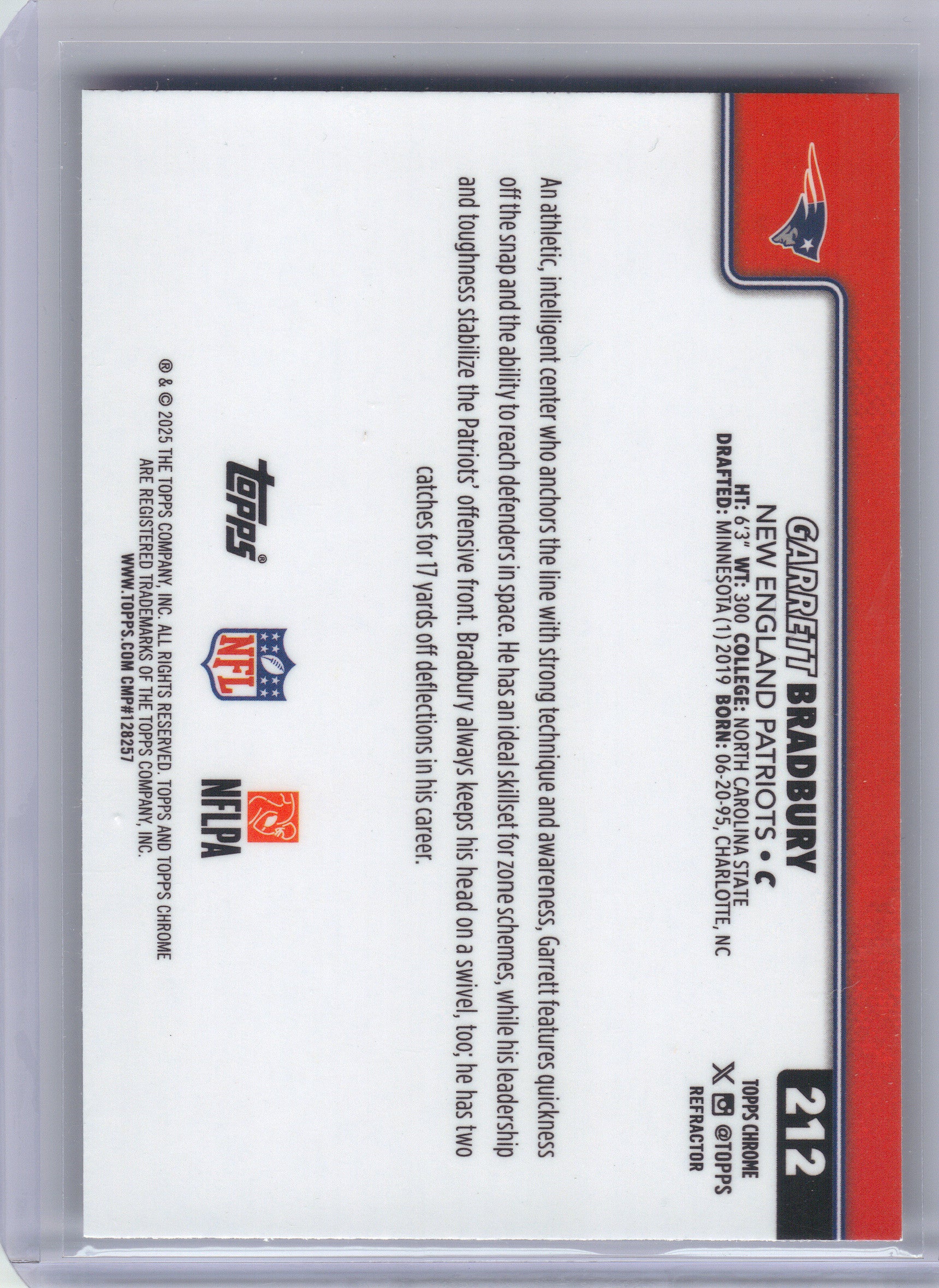 2025 Topps Chrome #212 Garrett Bradbury Refractor New England Patriots