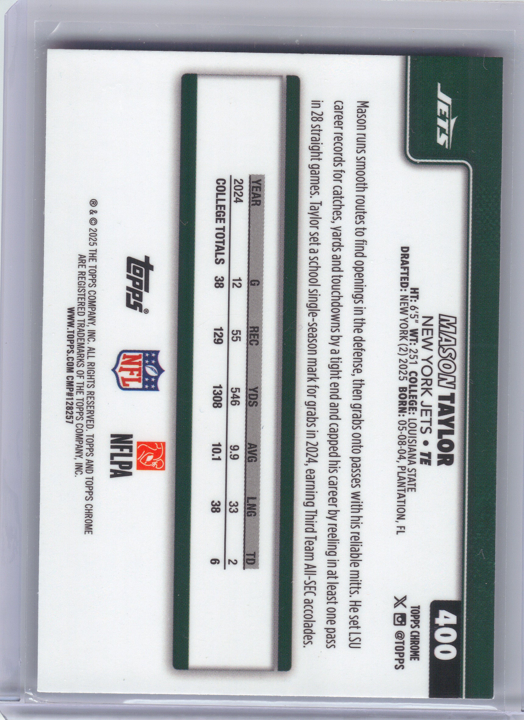 2025 Topps Chrome #400 Mason Taylor Red White and Blue Refractor New York Jets RC