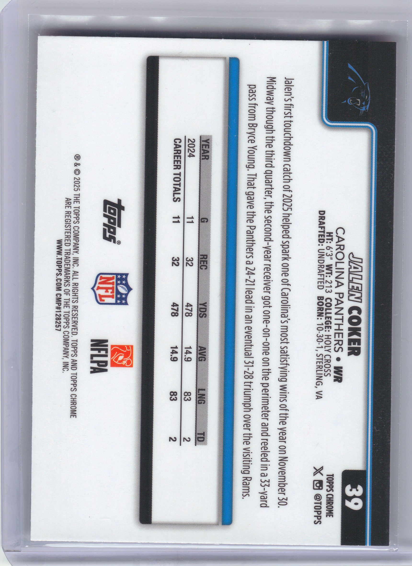 2025 Topps Chrome #39 Jalen Coker Red White and Blue Refractor Carolina Panthers