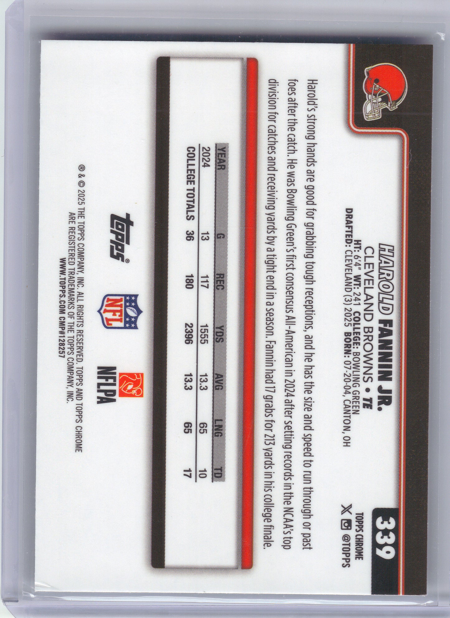 2025 Topps Chrome #339 Harold Fannin Jr. Ray Wave Refractor Cleveland Browns RC