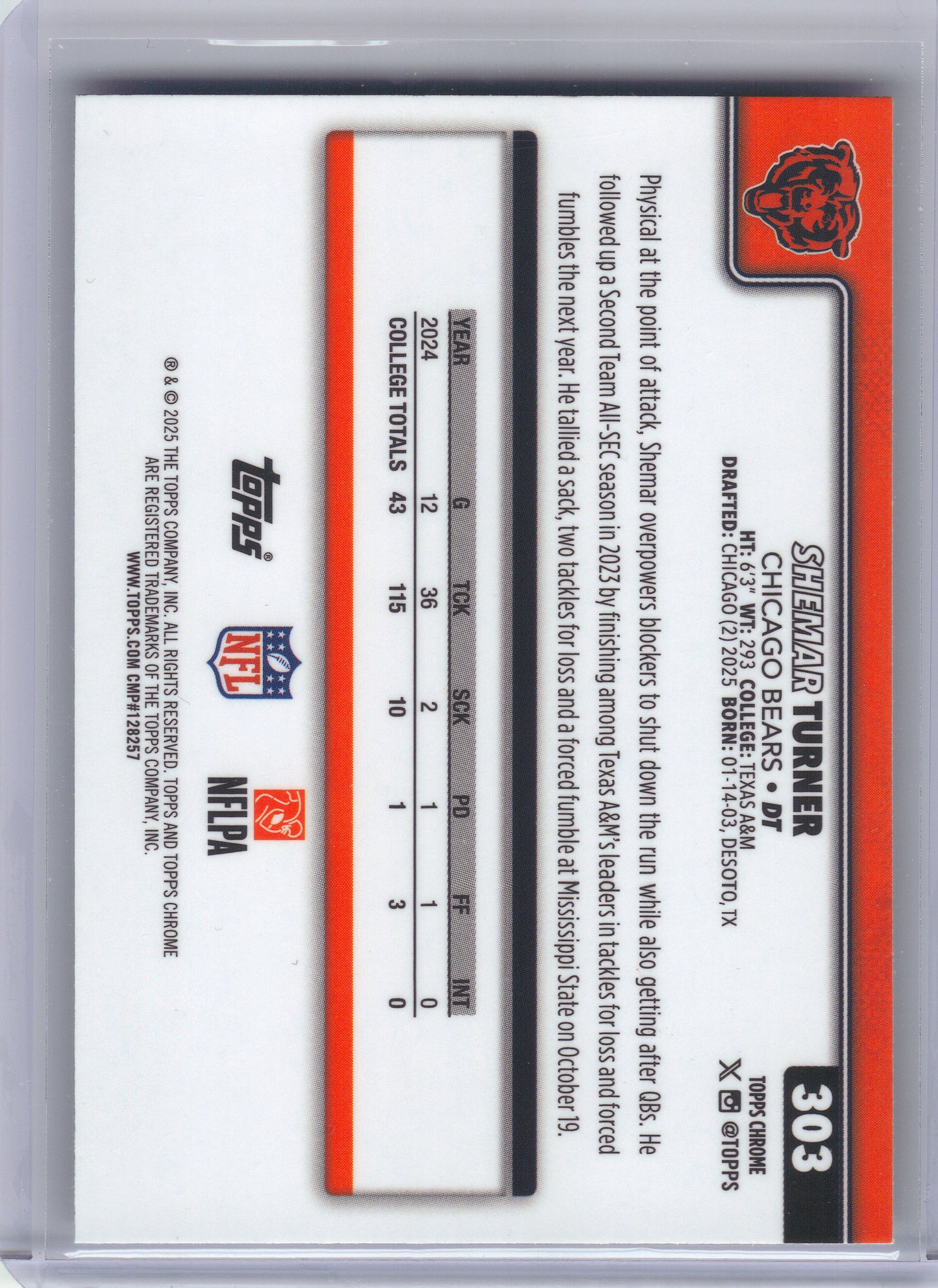 2025 Topps Chrome #303 Shemar Turner Pulsar Refractor Chicago Bears RC