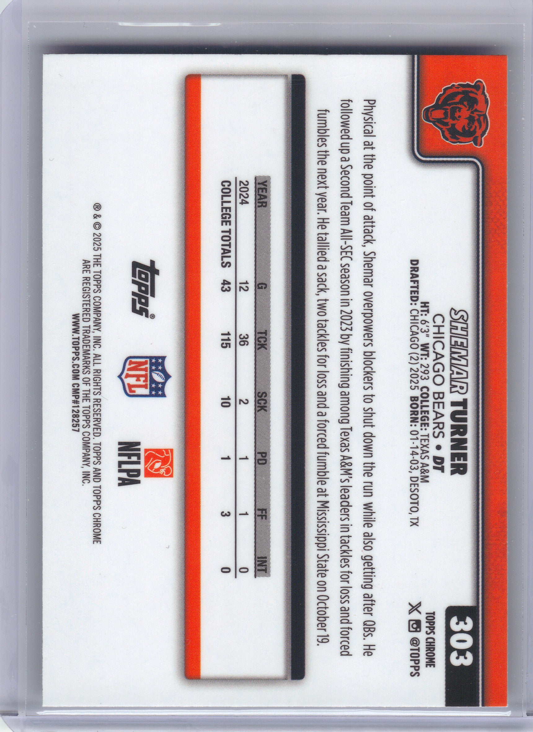 2025 Topps Chrome #303 Shemar Turner Pulsar Refractor Chicago Bears RC