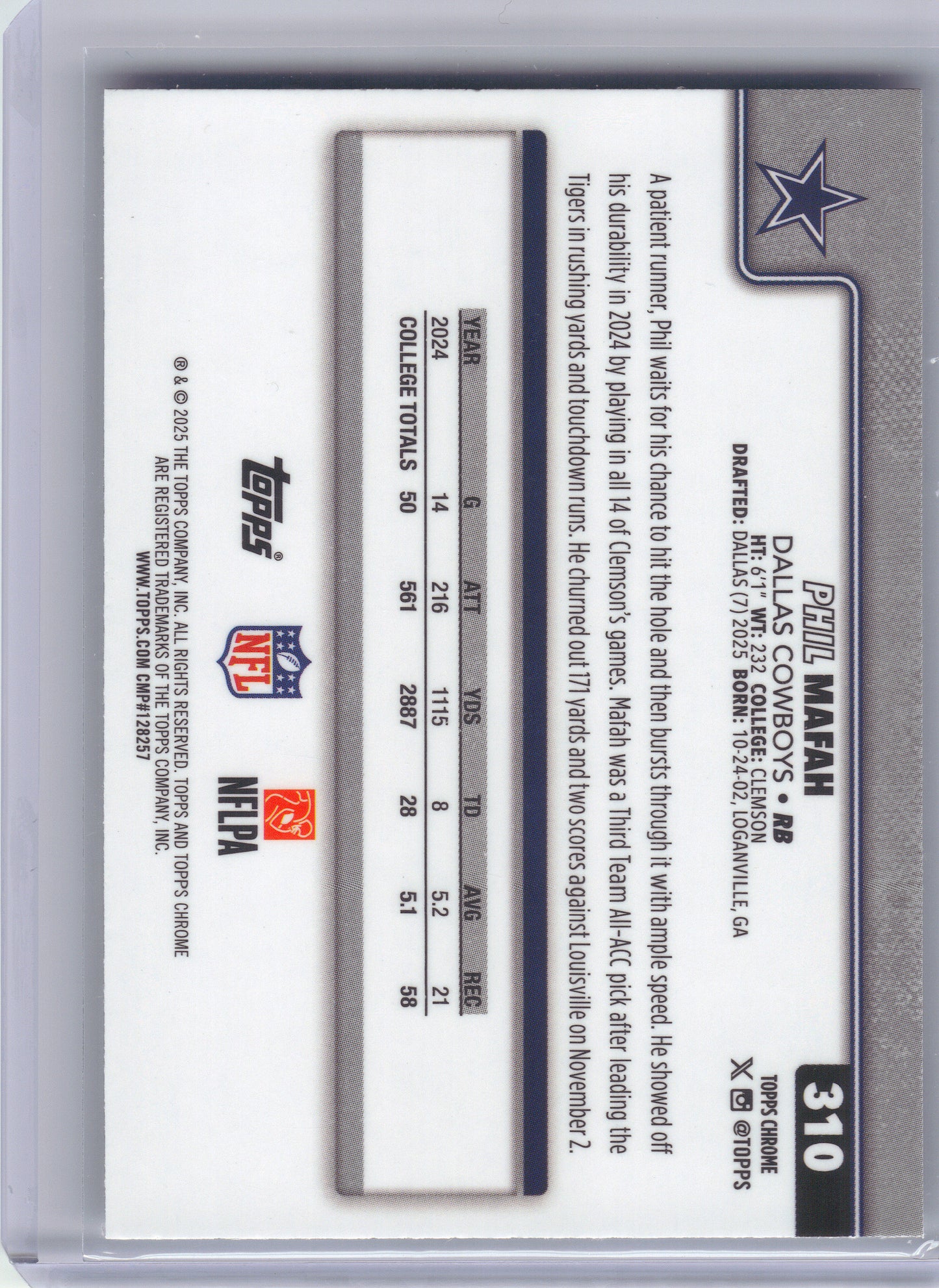 2025 Topps Chrome #310 Phil Mafah Prism Refractor Dallas Cowboys RC