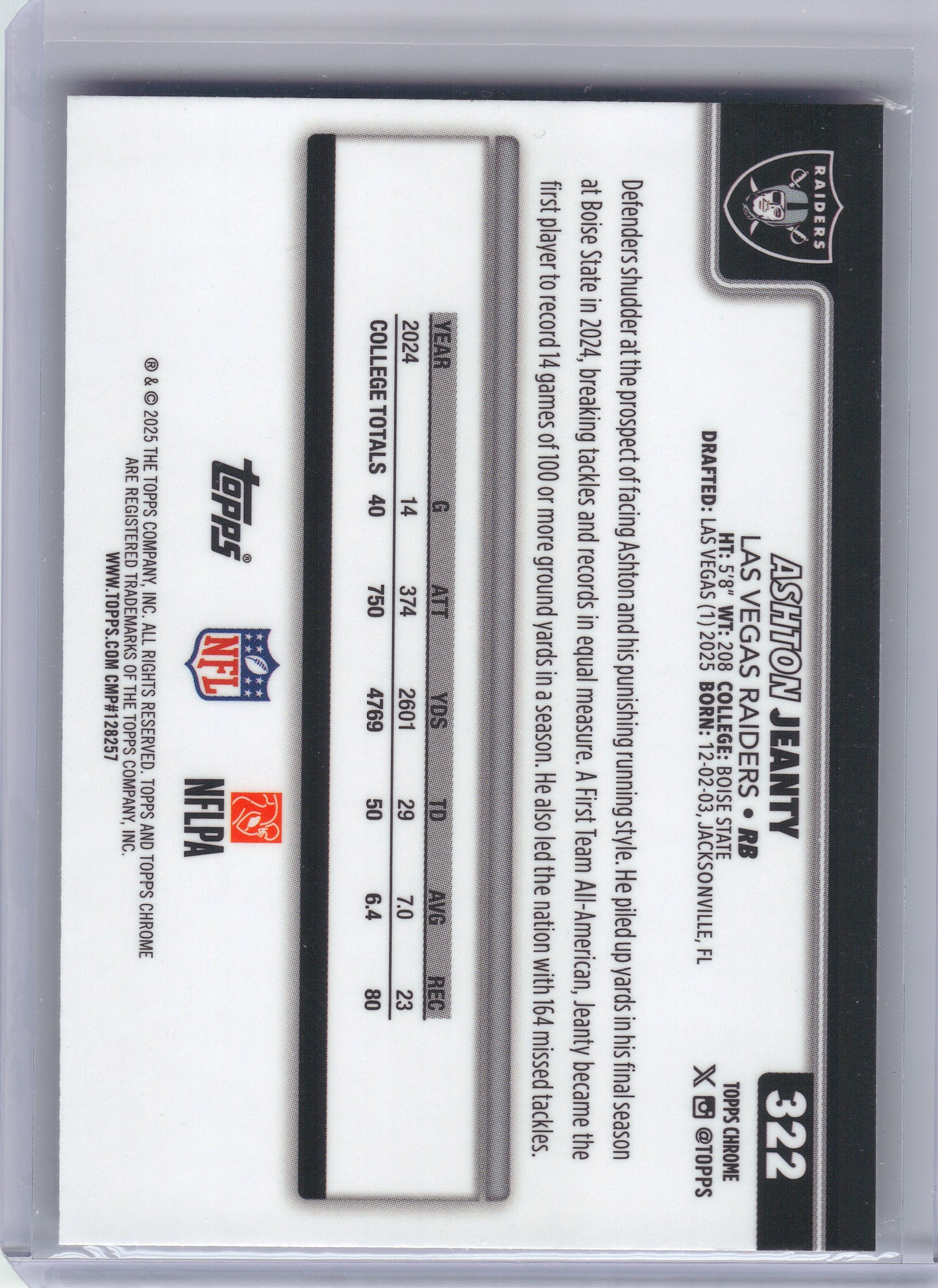 2025 Topps Chrome #322 Ashton Jeanty x Las Vegas Raiders RC