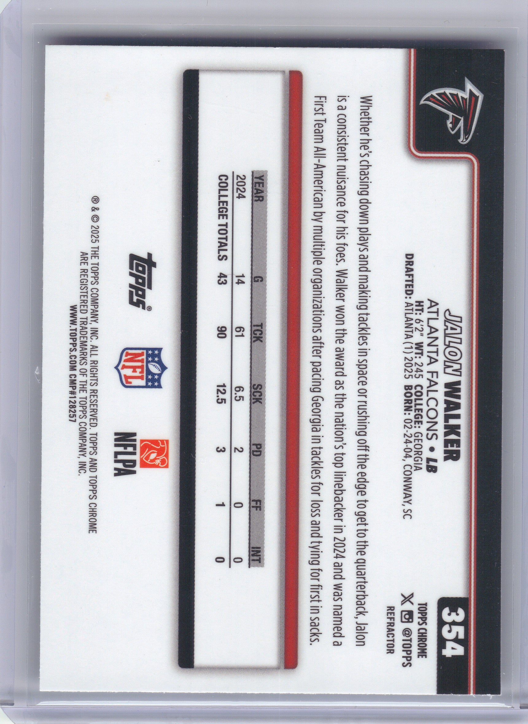 2025 Topps Chrome #354 Jalon Walker Refractor Atlanta Falcons RC