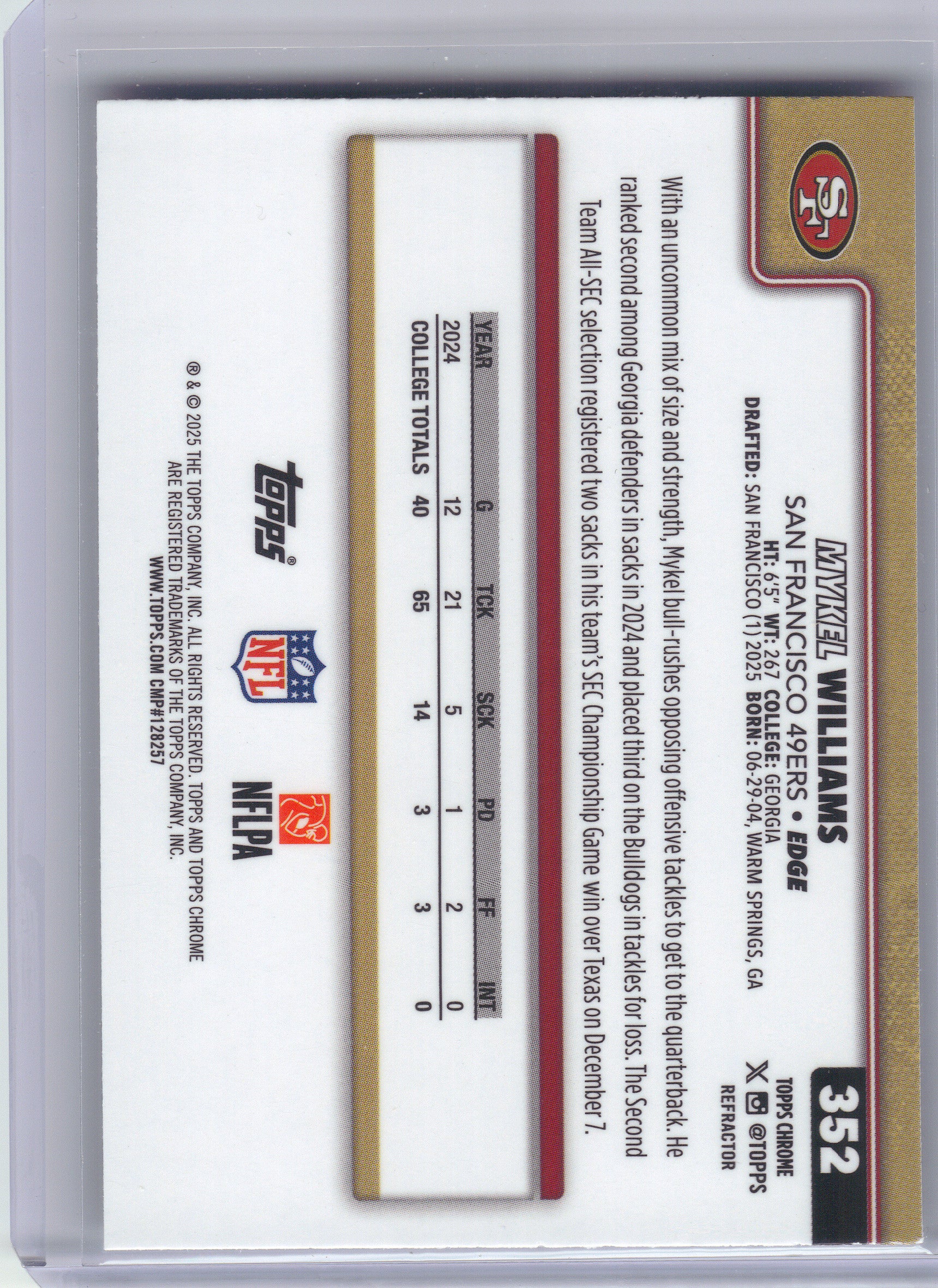 2025 Topps Chrome #352 Mykel Williams Refractor San Francisco 49ers RC