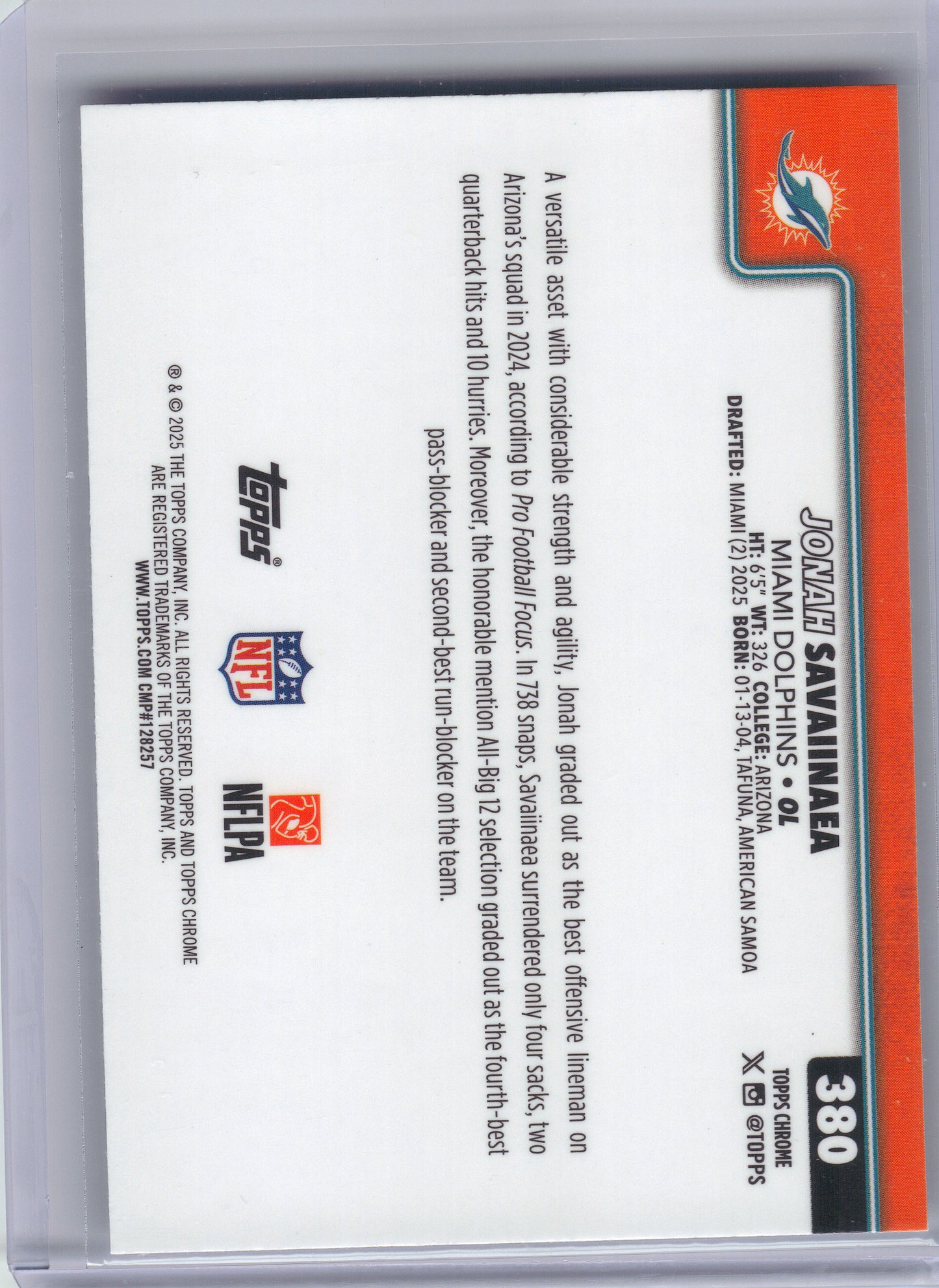 2025 Topps Chrome #380 Jonah Savaiinaea X-Fractor Miami Dolphins RC