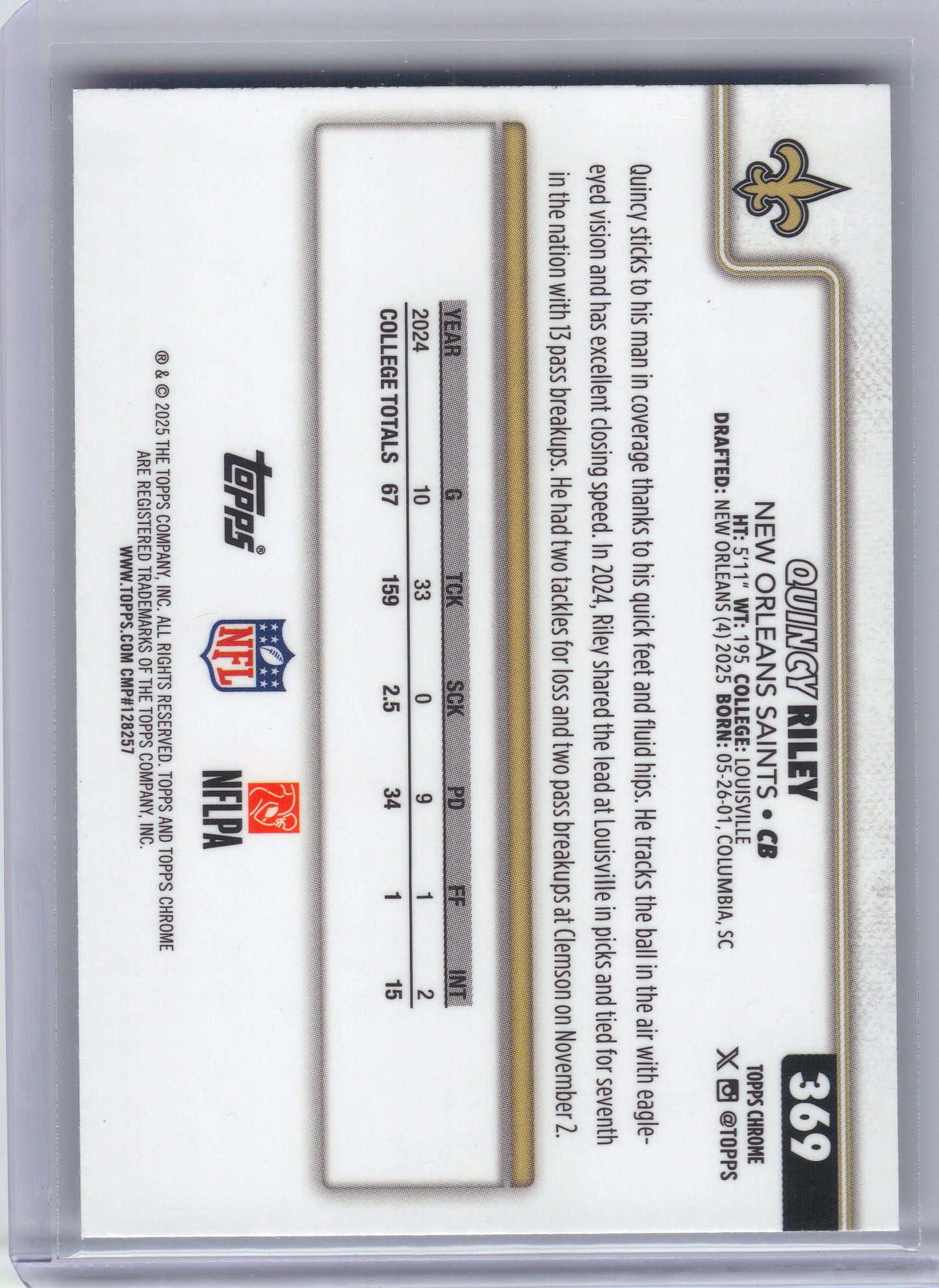2025 Topps Chrome #369 Quincy Riley Lime Green X-Fractor New Orleans Saints RC