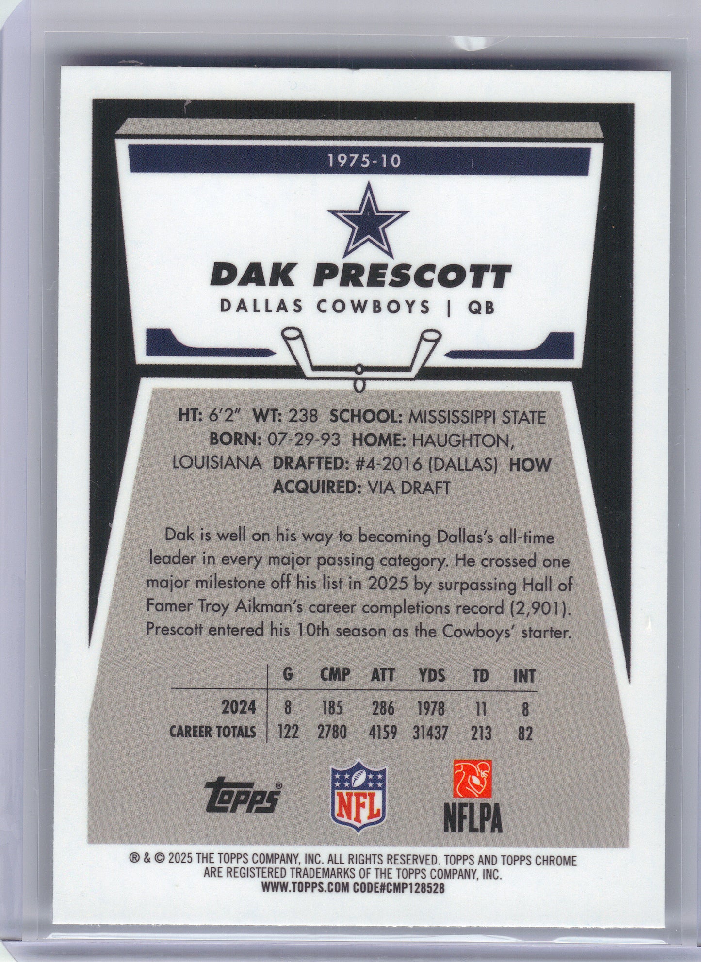 2025 Topps Chrome #1975-10 Dak Prescott 1975 Topps Dallas Cowboys