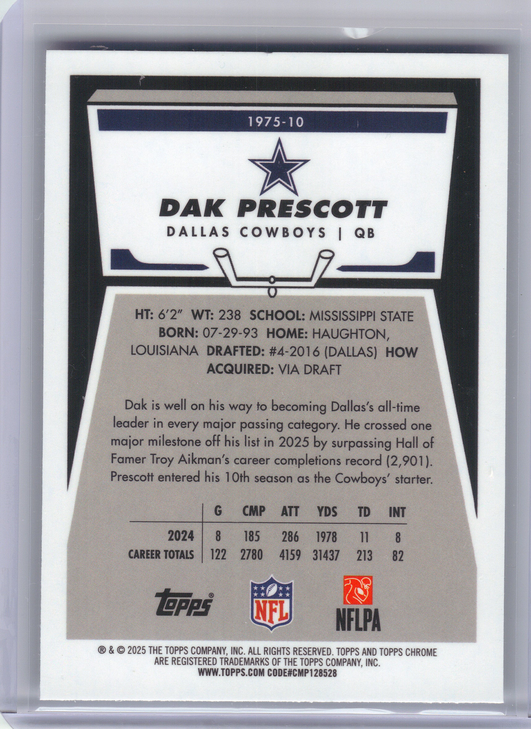 2025 Topps Chrome #1975-10 Dak Prescott 1975 Topps Dallas Cowboys