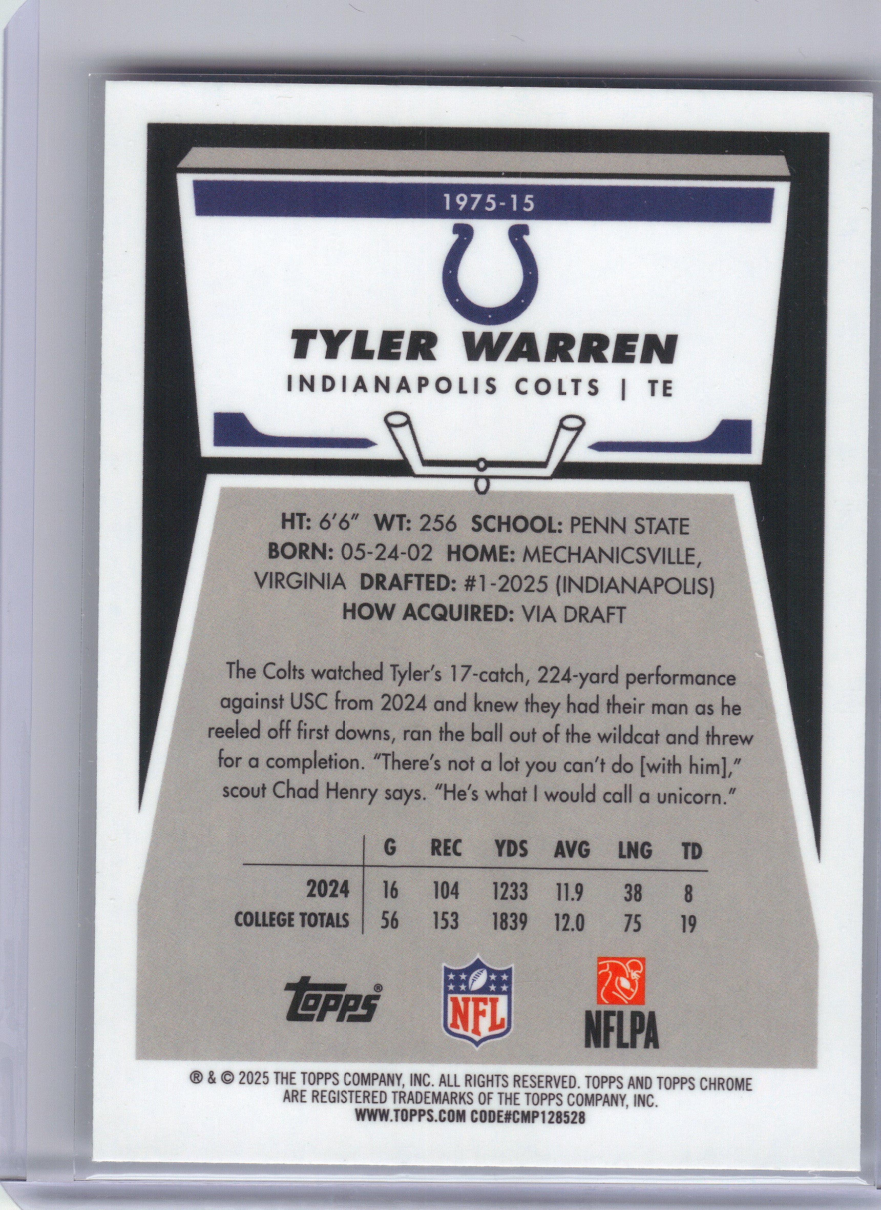 2025 Topps Chrome #1975-15 Tyler Warren 1975 Topps Indianapolis Colts