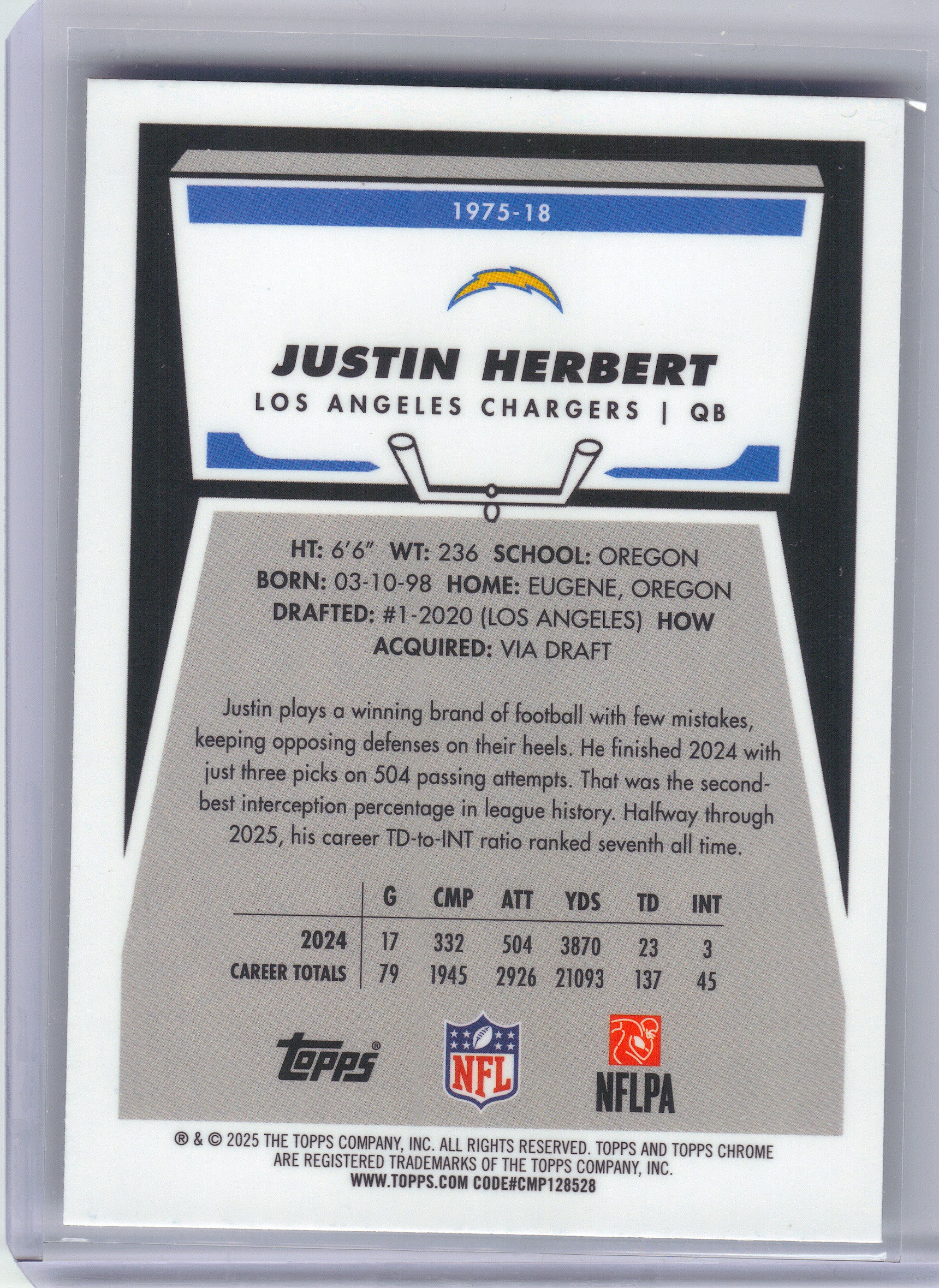 2025 Topps Chrome #1975-18 Justin Herbert 1975 Topps Los Angeles Chargers