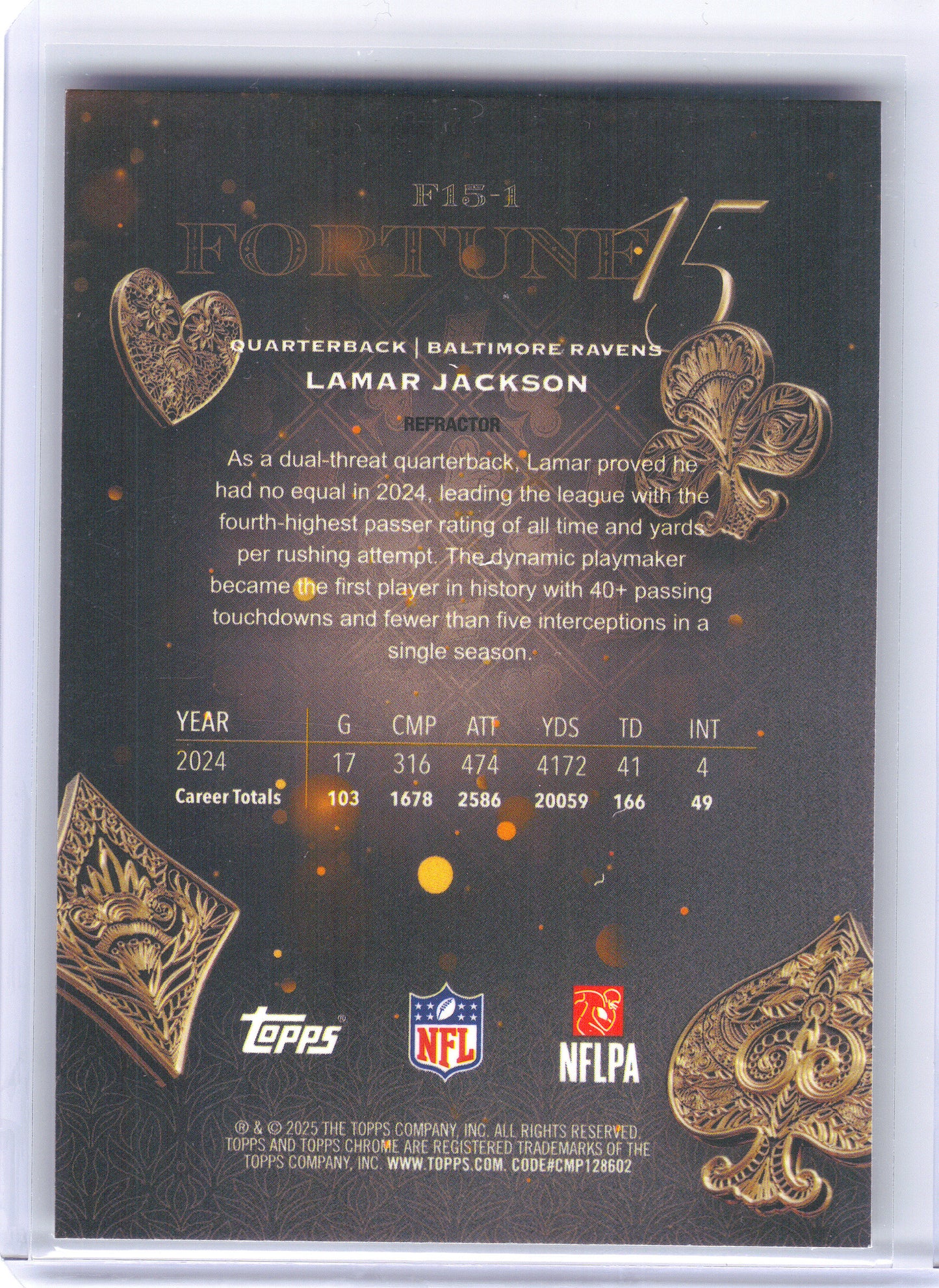 2025 Topps Chrome #F15-1 Lamar Jackson Fortune 15 Refractor Baltimore Ravens