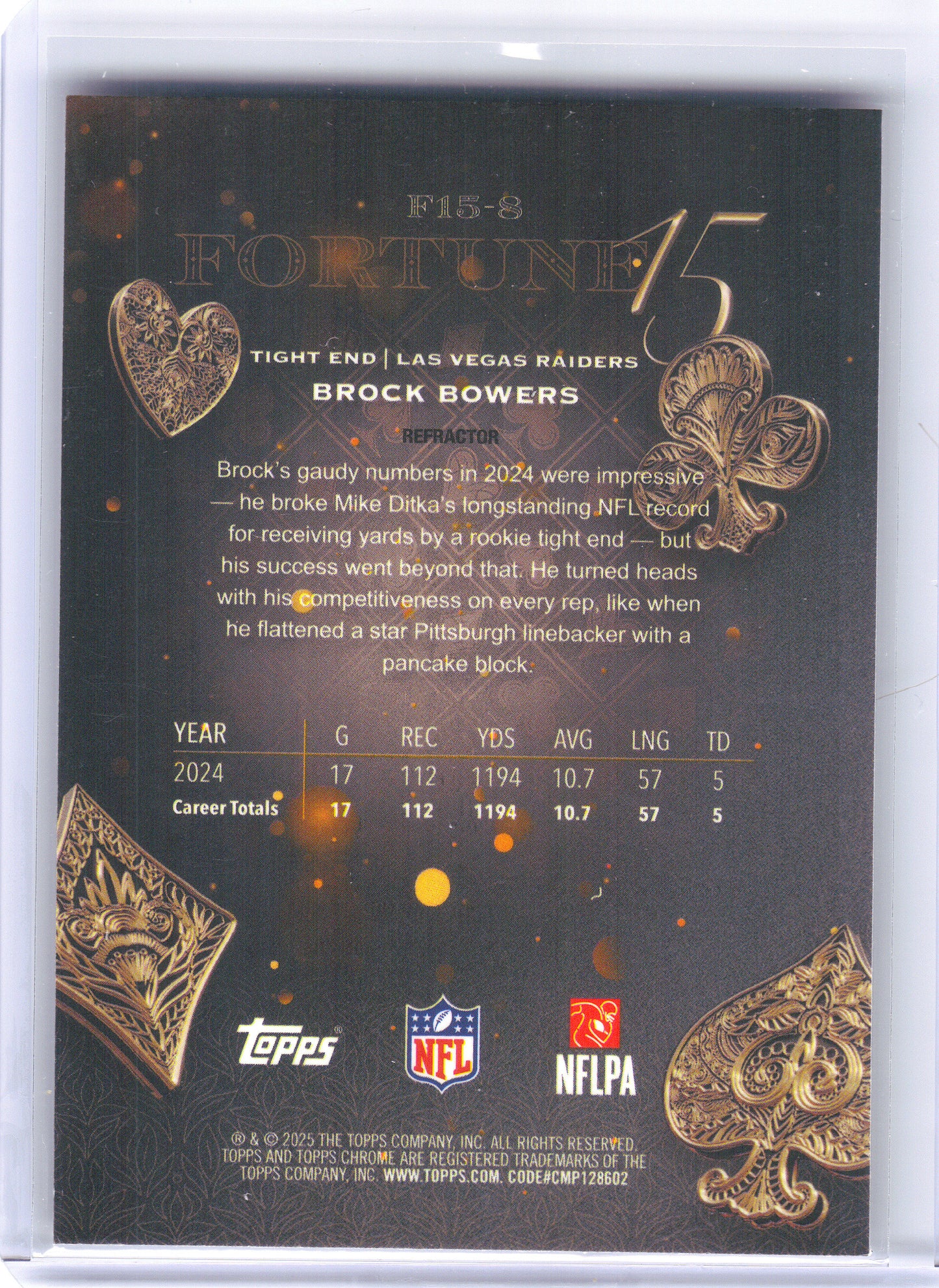 2025 Topps Chrome #F15-8 Brock Bowers Fortune 15 Refractor Las Vegas Raiders