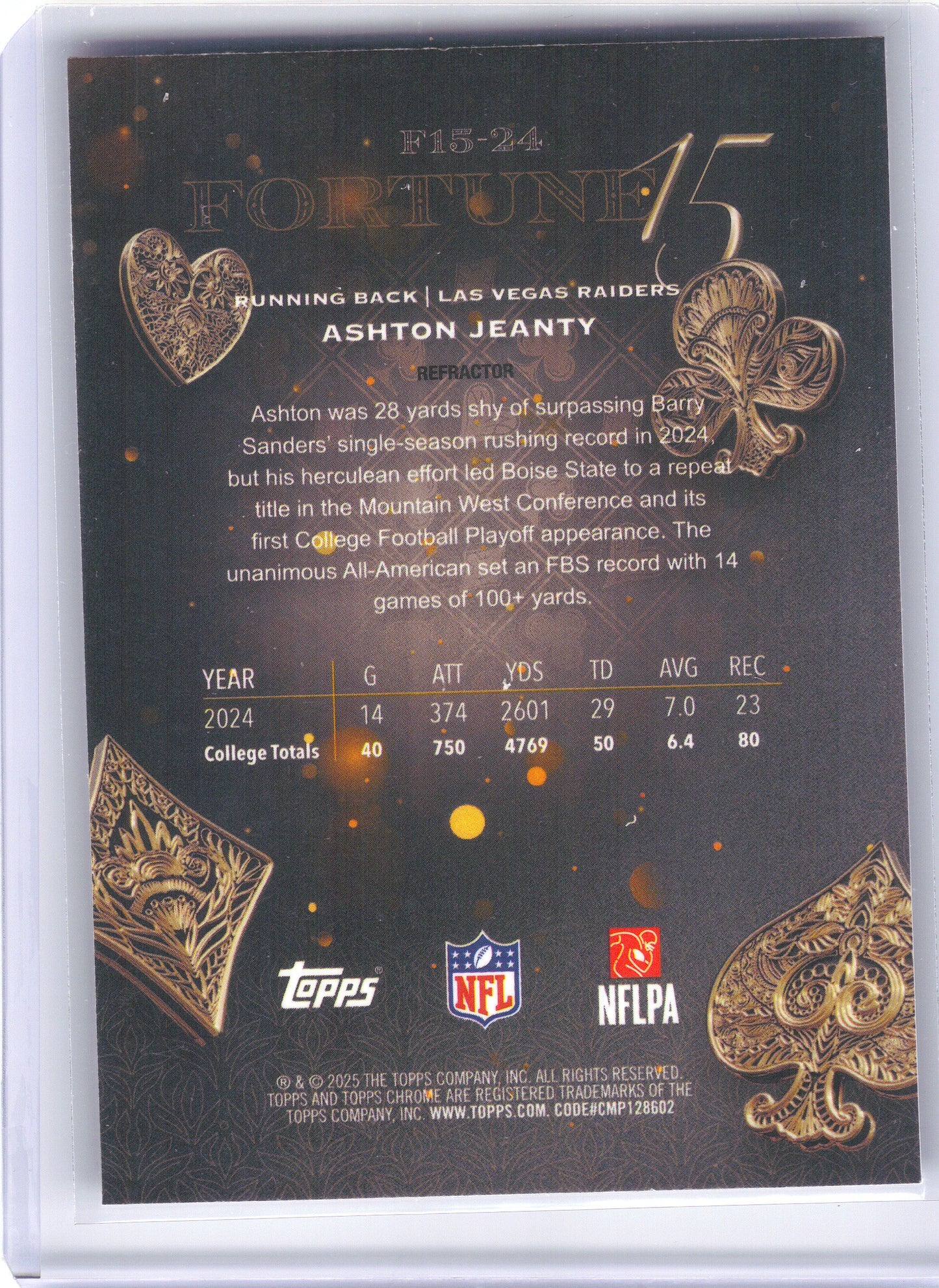 2025 Topps Chrome #F15-24 Ashton Jeanty Fortune 15 Refractor Las Vegas Raiders