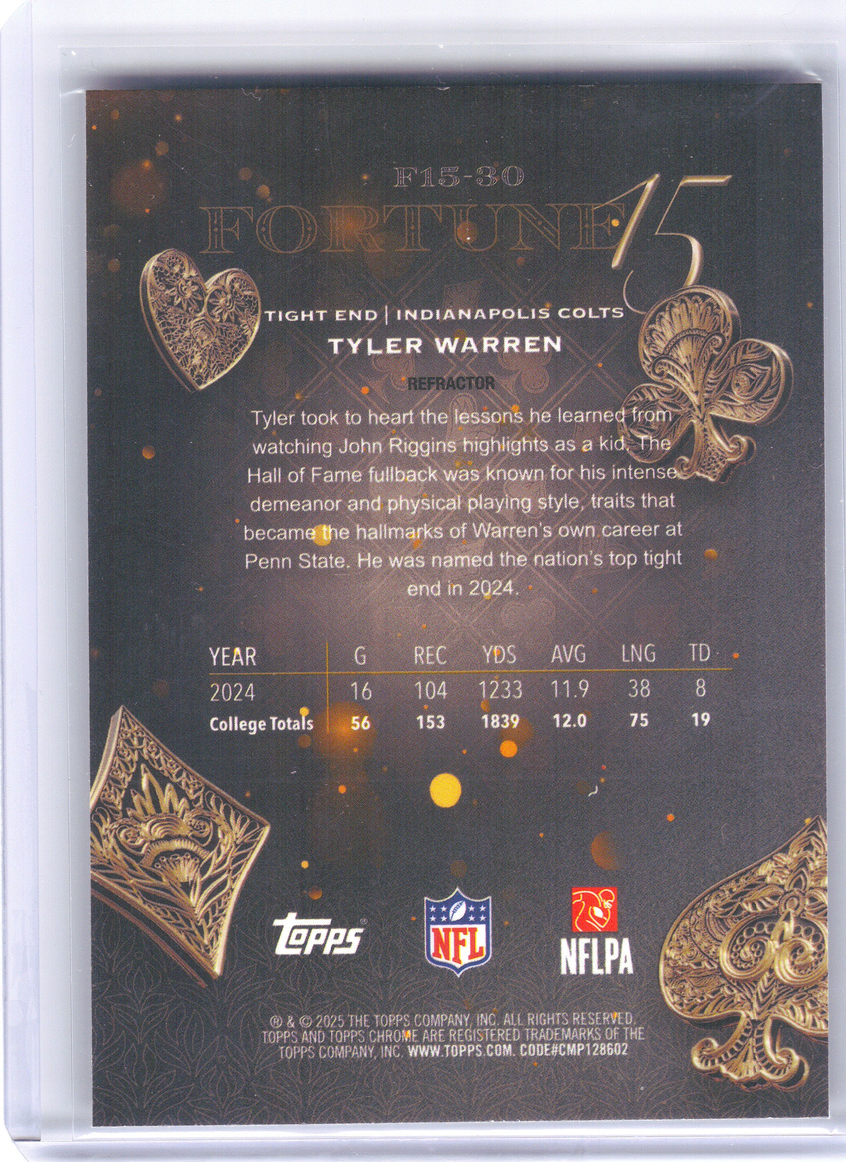 2025 Topps Chrome #F15-30 Tyler Warren Fortune 15 Refractor Indianapolis Colts
