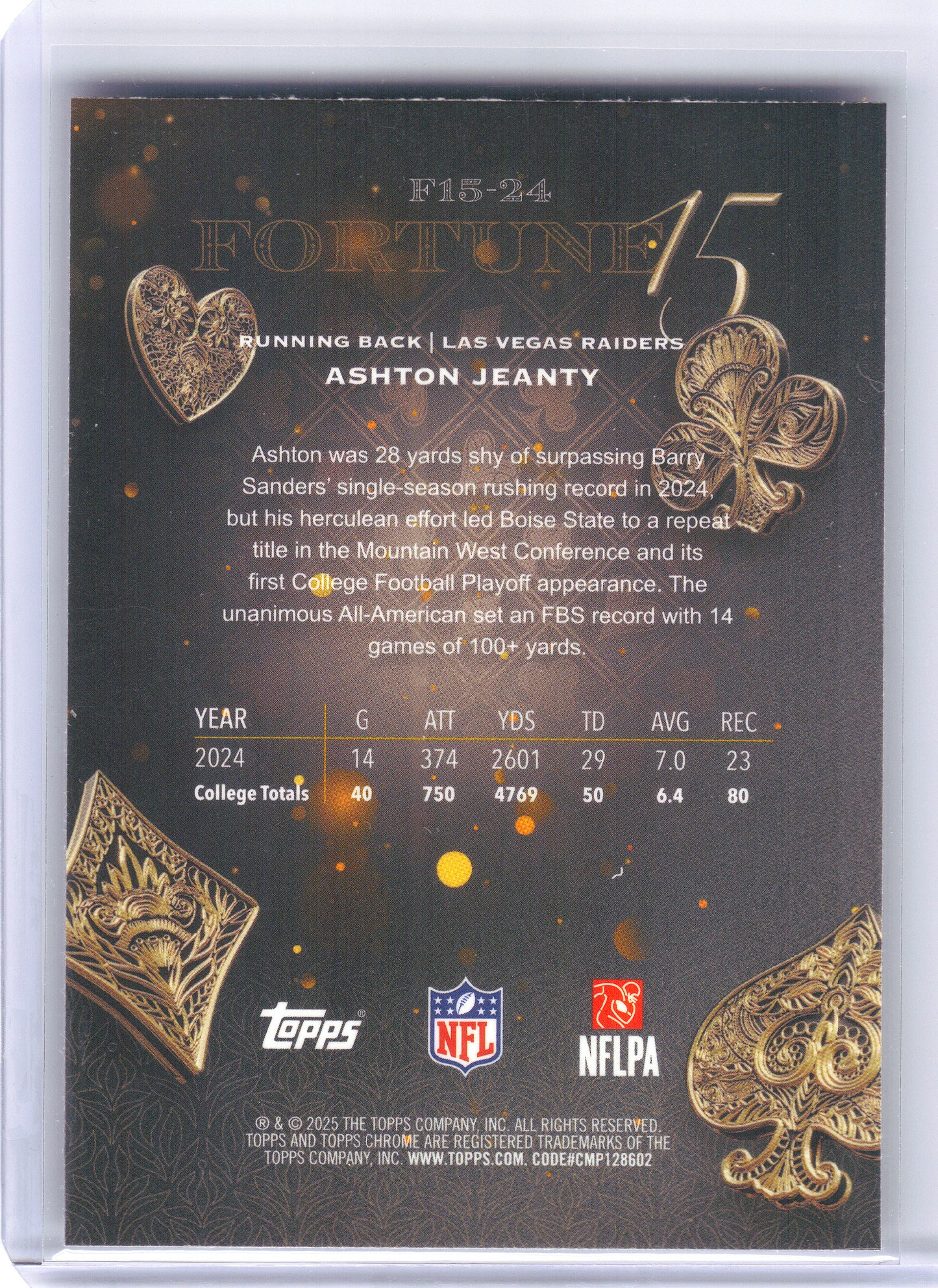 2025 Topps Chrome #F15-24 Ashton Jeanty Fortune 15 Las Vegas Raiders