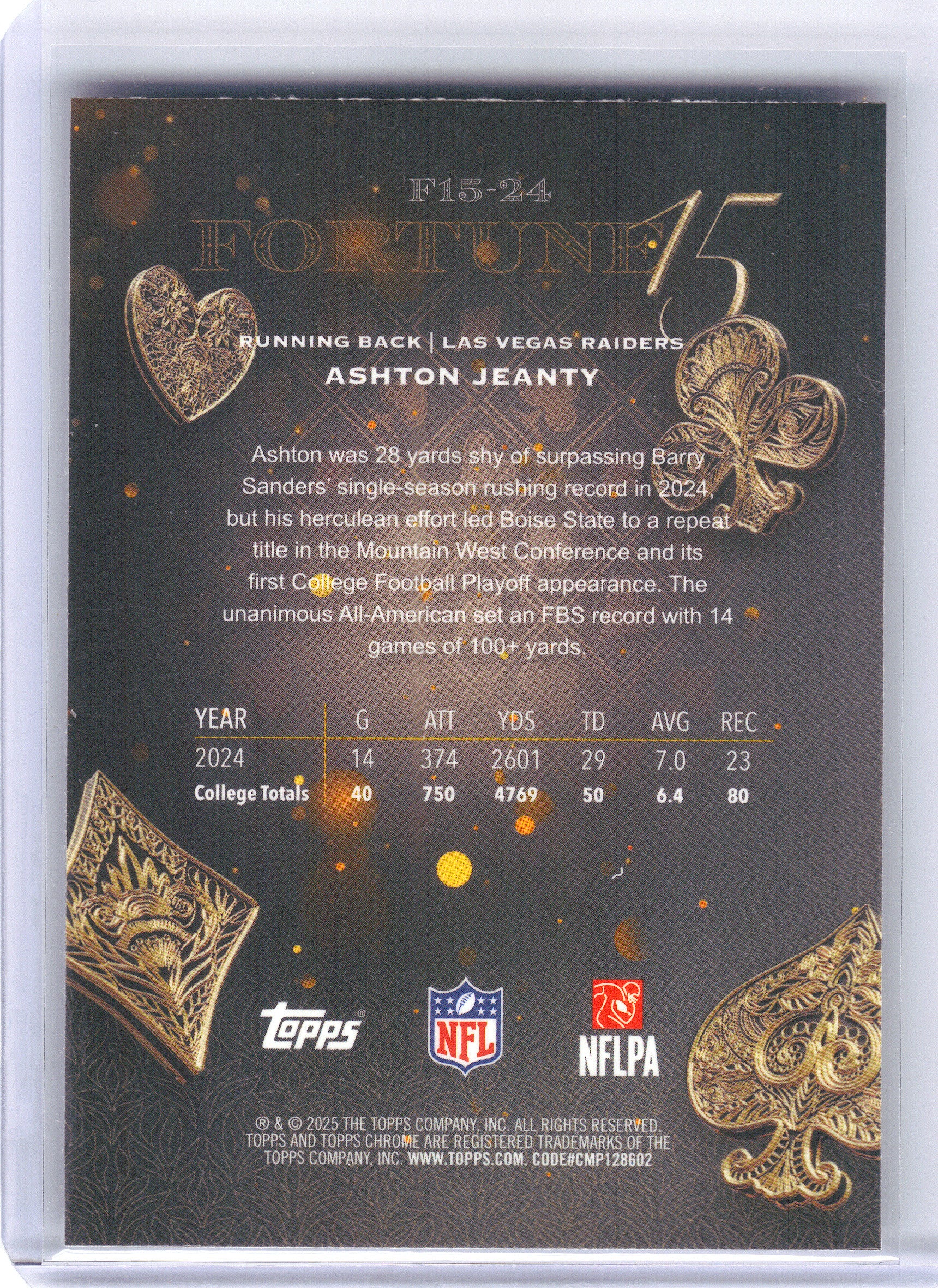 2025 Topps Chrome #F15-24 Ashton Jeanty Fortune 15 Las Vegas Raiders
