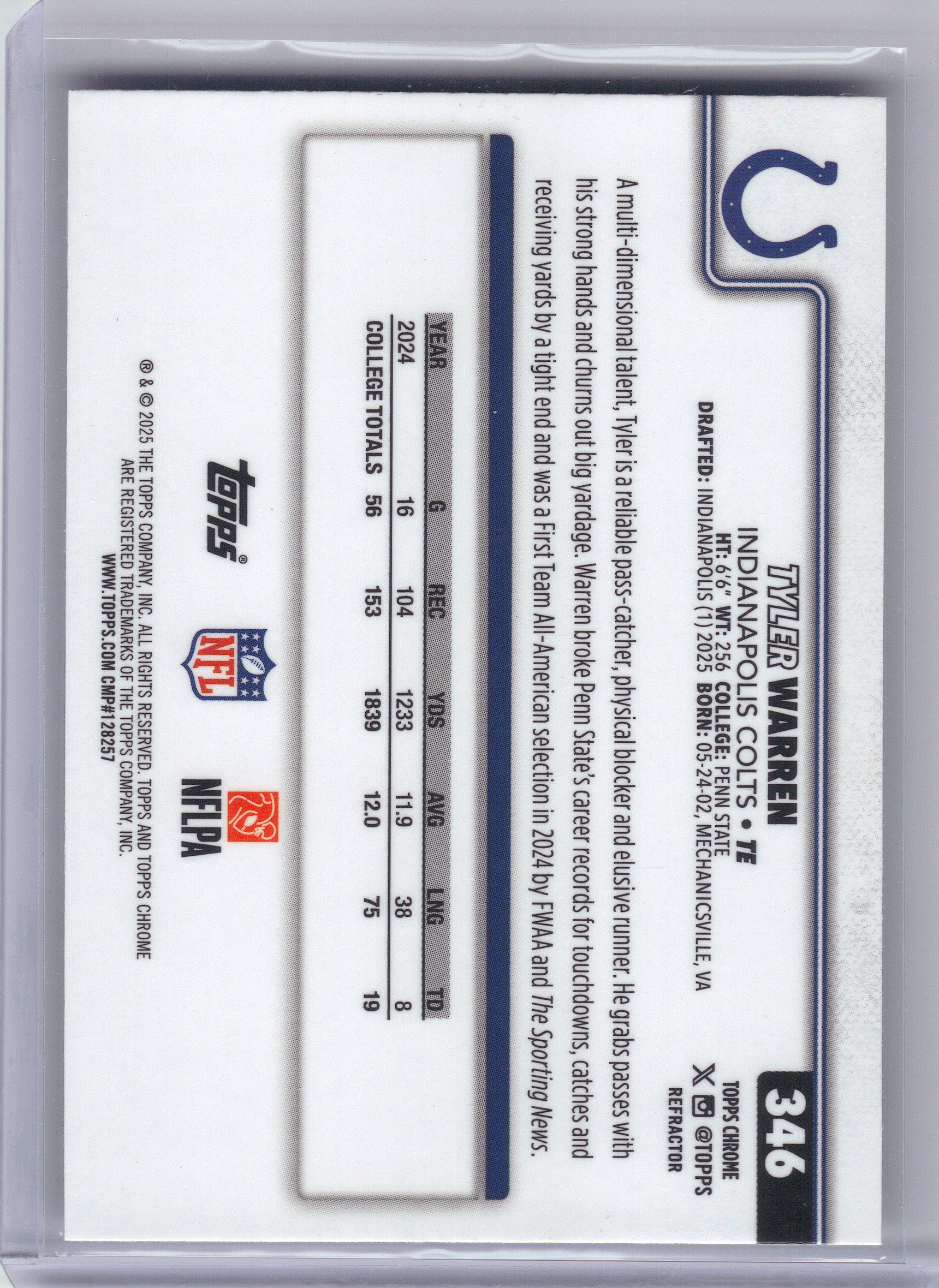2025 Topps Chrome #346 Tyler Warren Refractor Indianapolis Colts RC