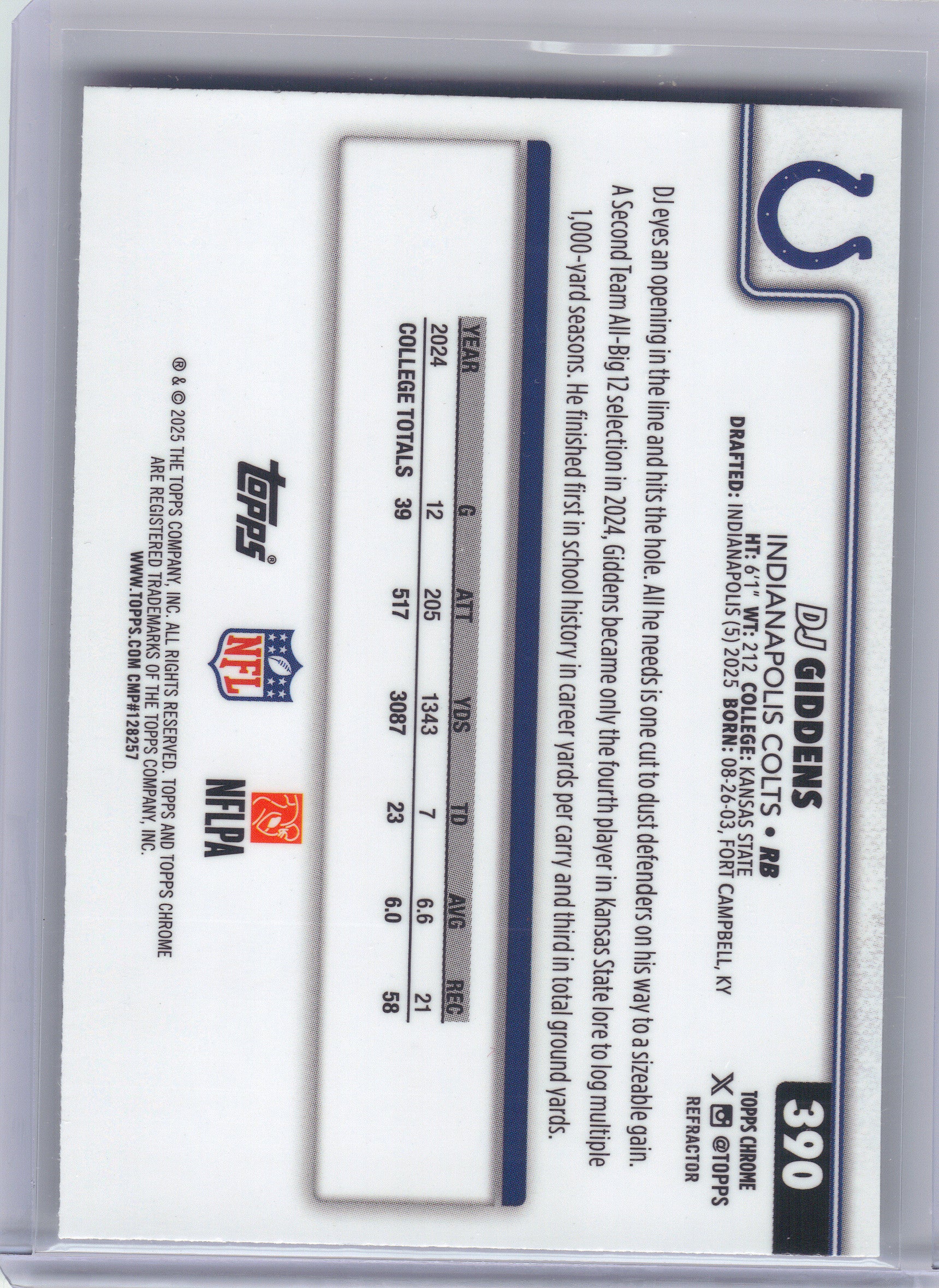 2025 Topps Chrome #390 DJ Giddens Refractor Indianapolis Colts RC
