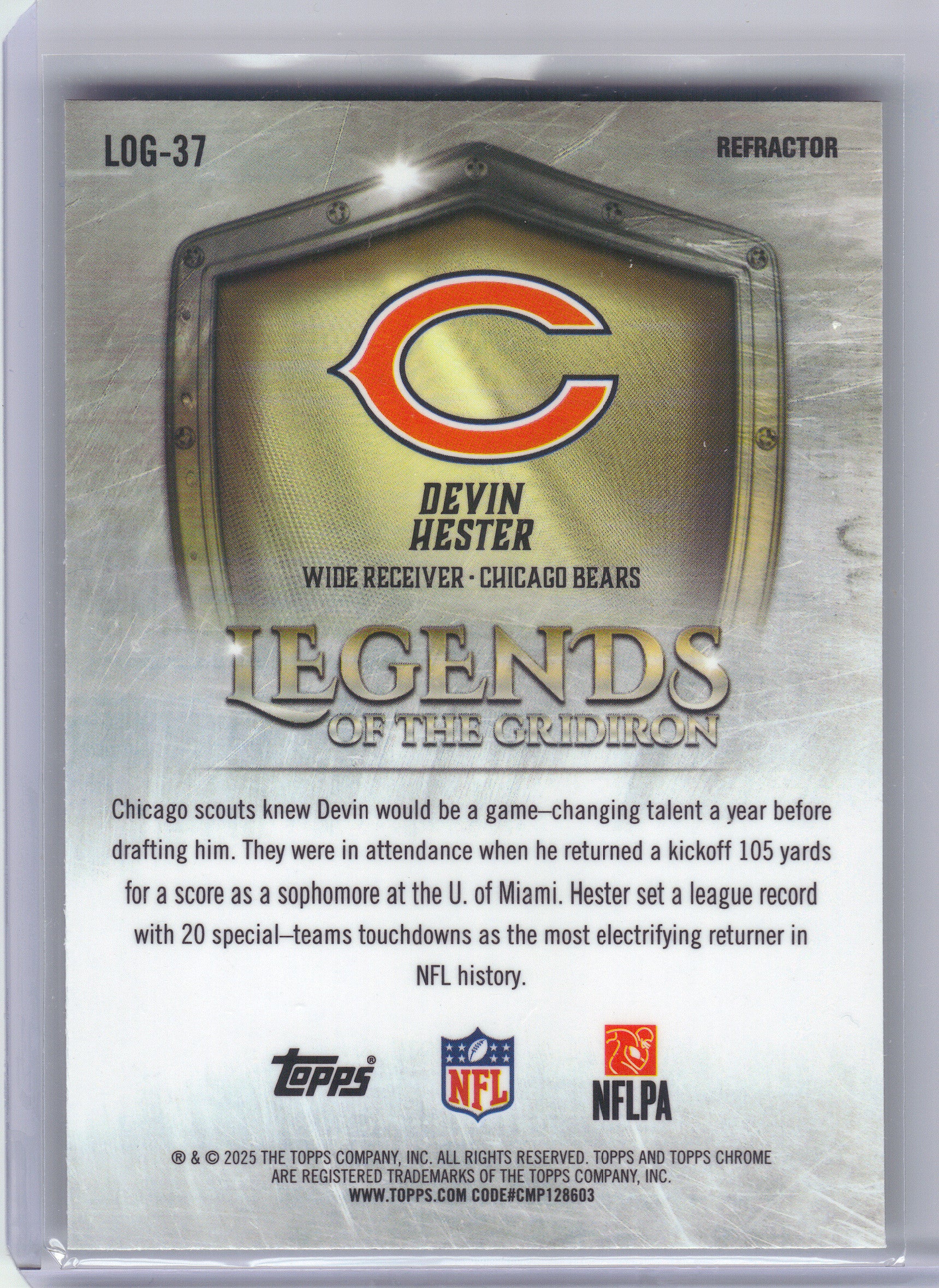 2025 Topps Chrome #LOG-37 Devin Hester Legends of the Gridiron Refractor Chicago Bears