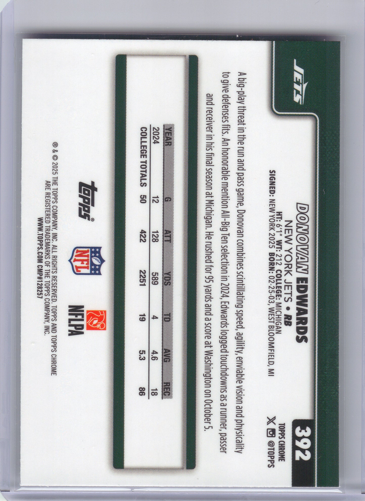 2025 Topps Chrome #392 Donovan Edwards X-Fractor New York Jets RC