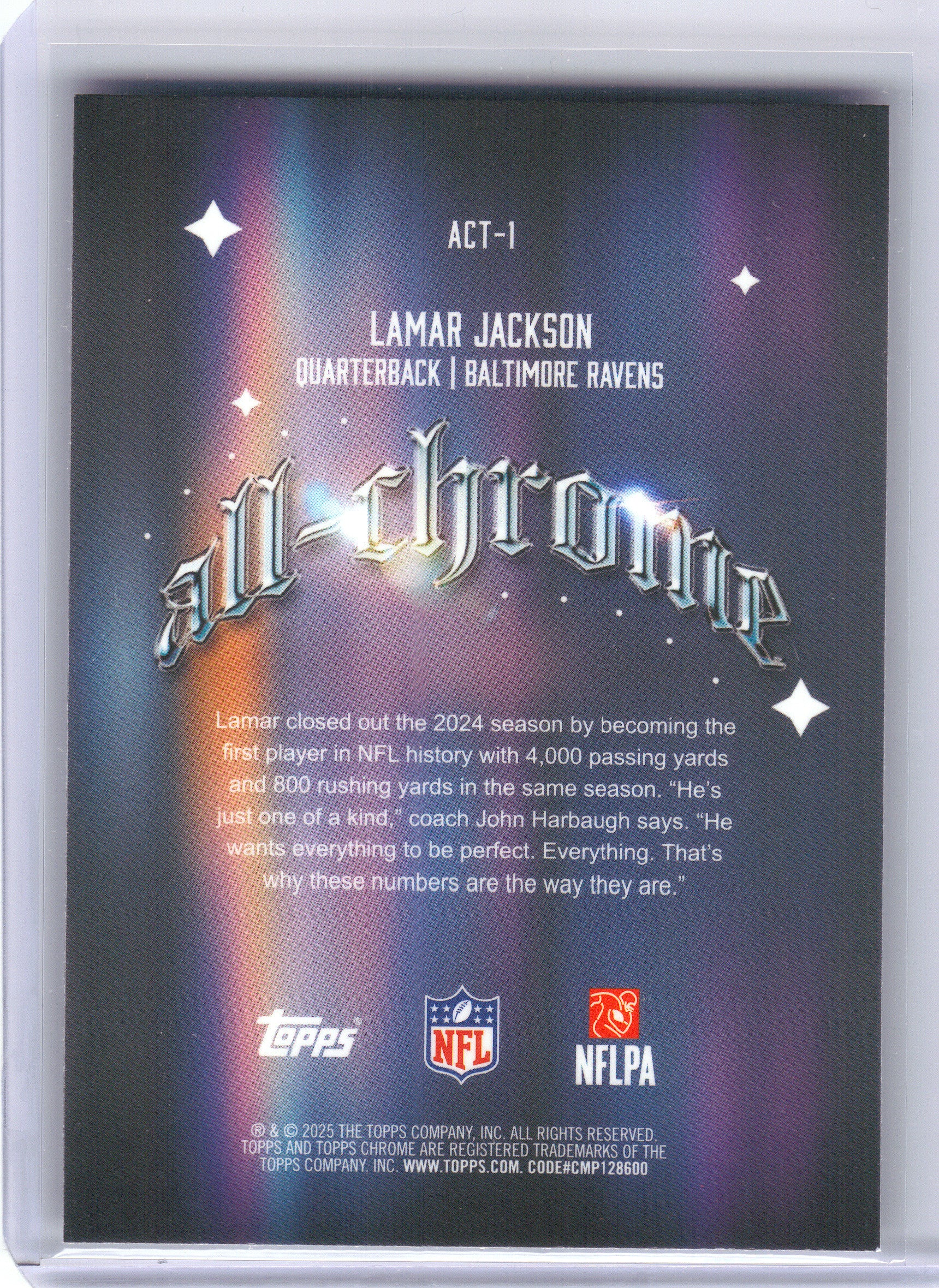2025 Topps Chrome #ACT-1 Lamar Jackson All Chrome Team Baltimore Ravens