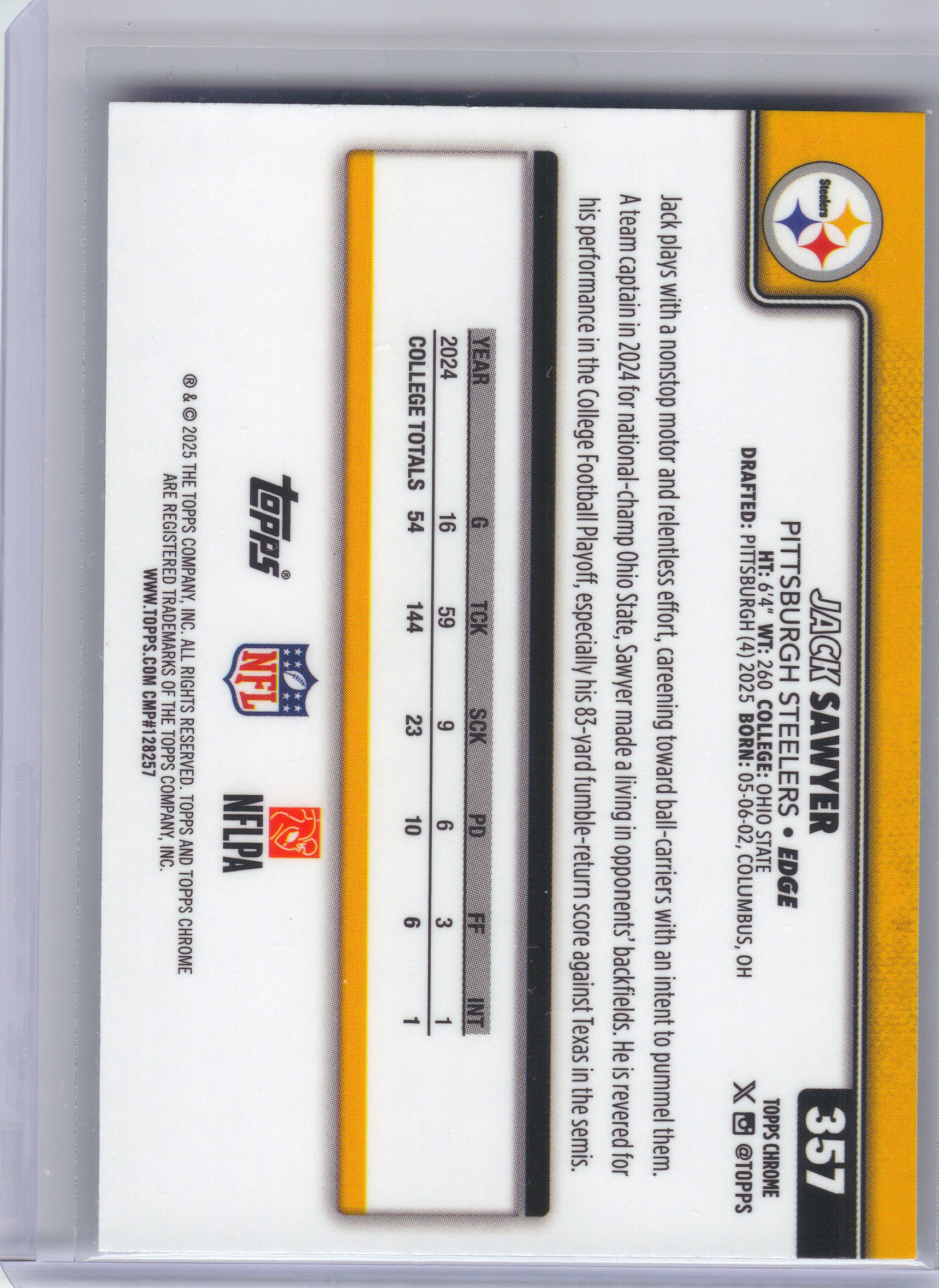 2025 Topps Chrome #357 Jack Sawyer X-Fractor Pittsburgh Steelers RC