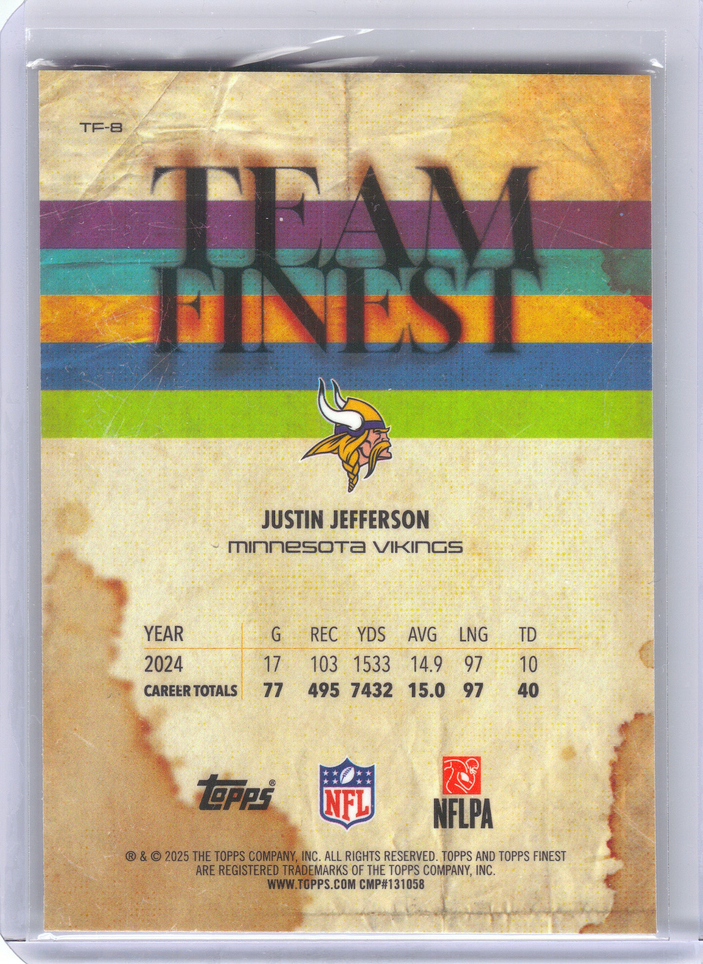 2025 Finest #TF-8 Justin Jefferson Team Finest Minnesota Vikings