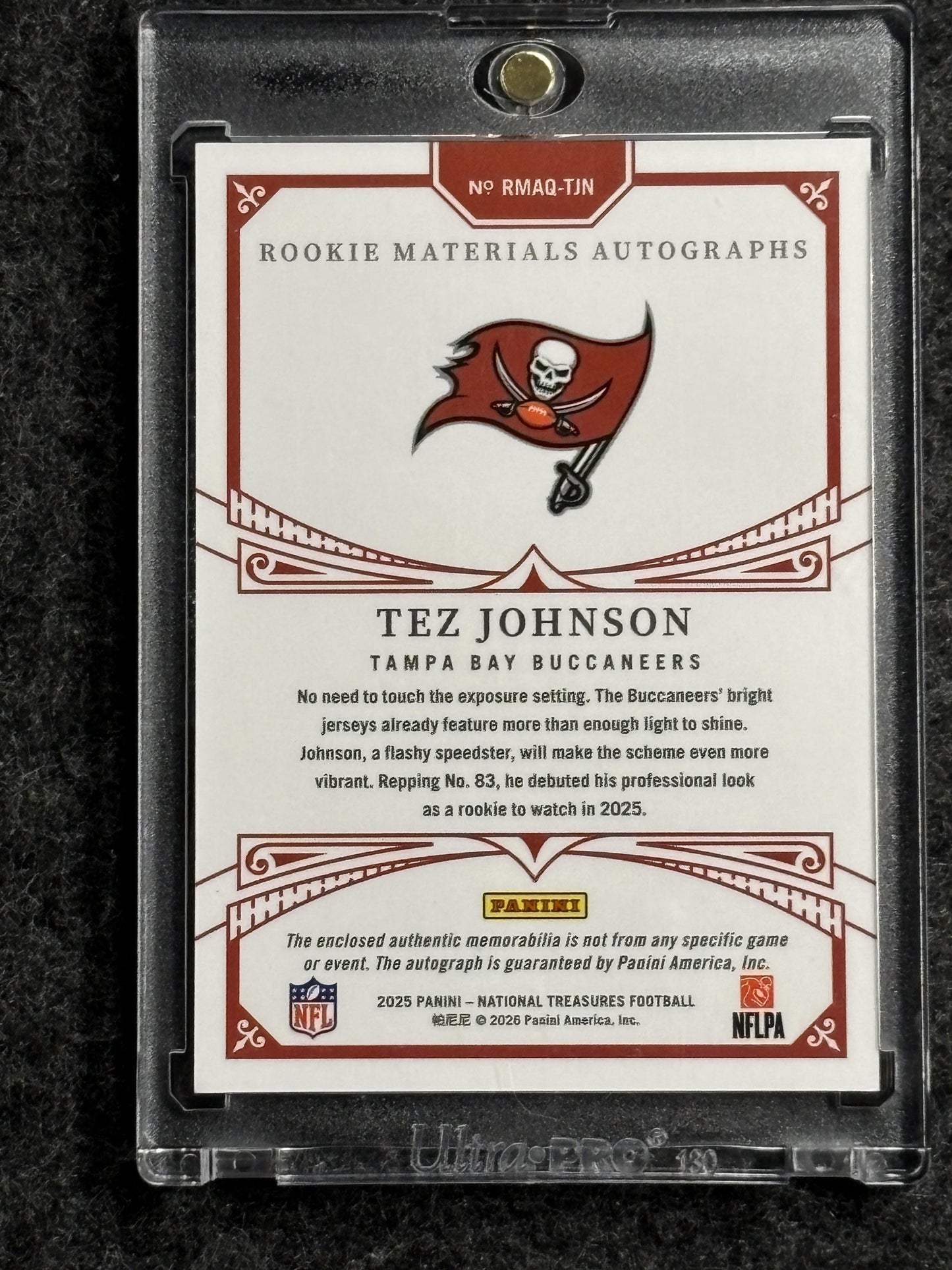 2025 Panini National Treasures #RMAQ-TJN Tez Johnson Rookie Materials Autographs Quad Holo Silver #/25 Tampa Bay Buccaneers SN,MEM,AU