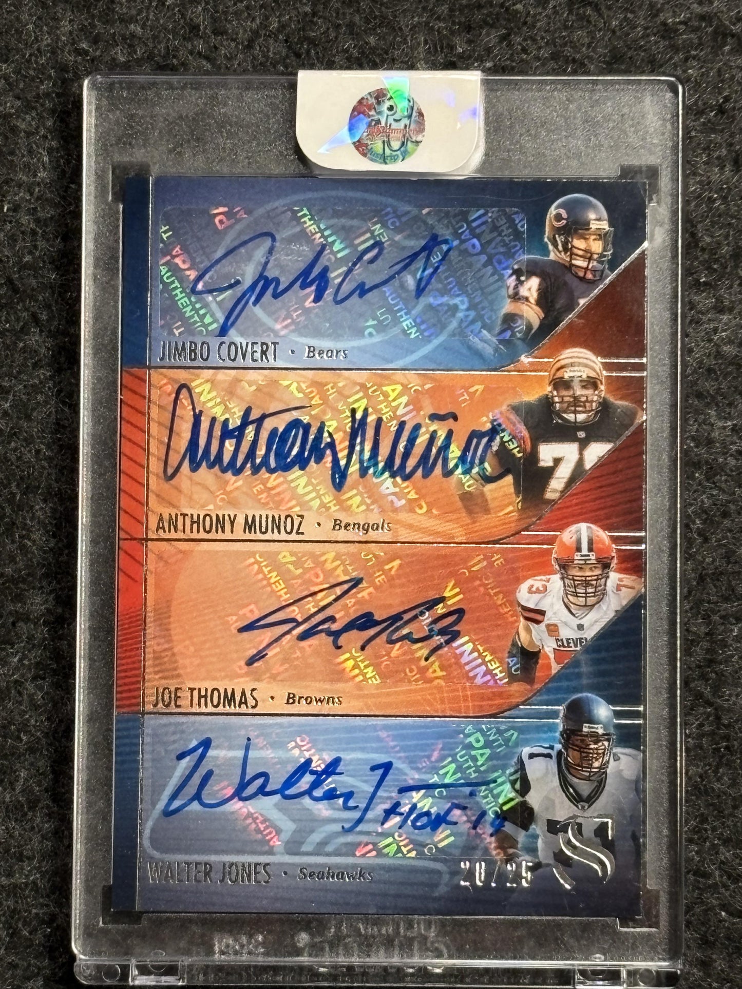 2025 Panini Silhouette #QA-CMTJ Joe Thomas, Jimbo Covert, Anthony Munoz, Walter Jones Quad Autographs/25 Cleveland Browns SN,AU