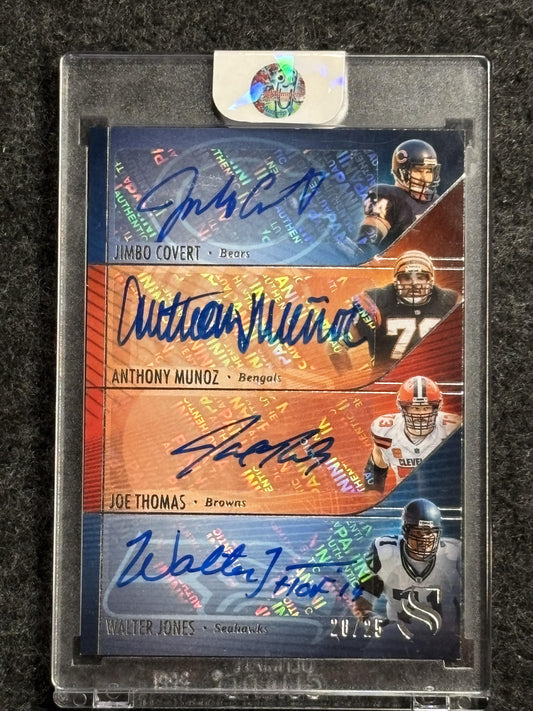 2025 Panini Silhouette #QA-CMTJ Joe Thomas, Jimbo Covert, Anthony Munoz, Walter Jones Quad Autographs/25 Cleveland Browns SN,AU