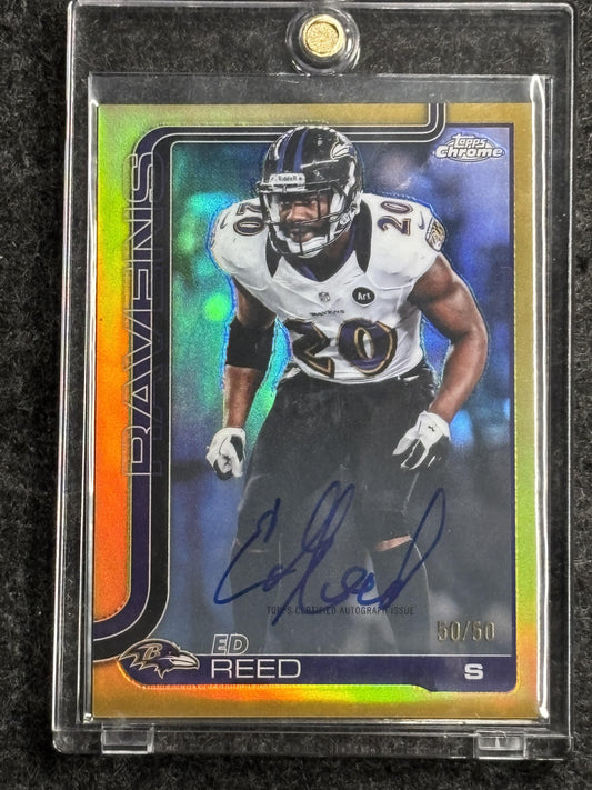 2025 Topps Chrome #CLA-ER Ed Reed Chrome Legends Autographs Gold Refractor Bookend Baltimore Ravens SN,AU