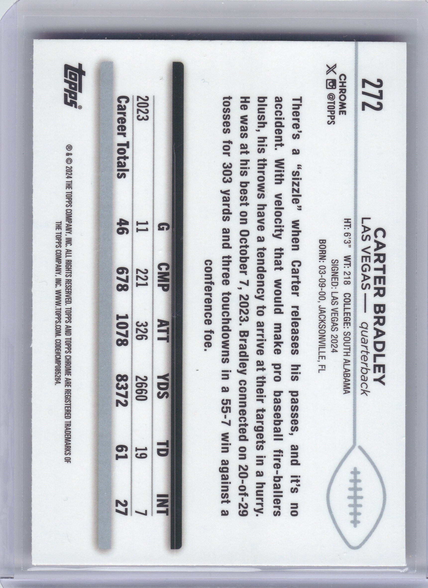 2024 Topps Chrome #272 Carter Bradley Magenta Refractor #/399 Las Vegas Raiders SN, Rookie