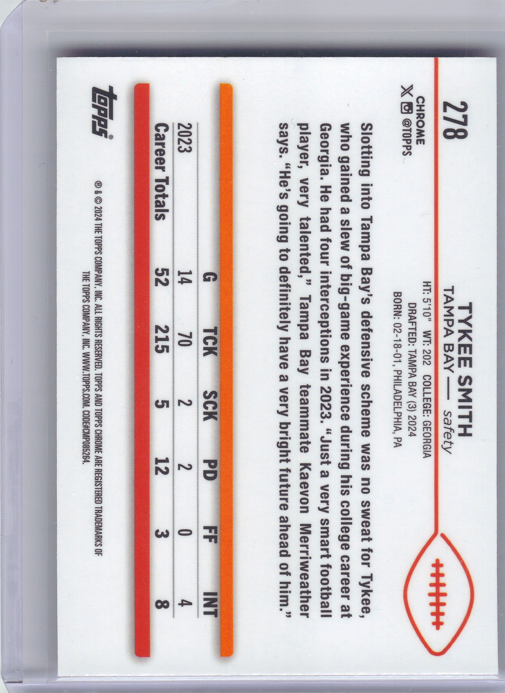 2024 Topps Chrome #278 Tykee Smith Magenta Speckle Refractor #/399 Tampa Bay Buccaneers SN, Rookie