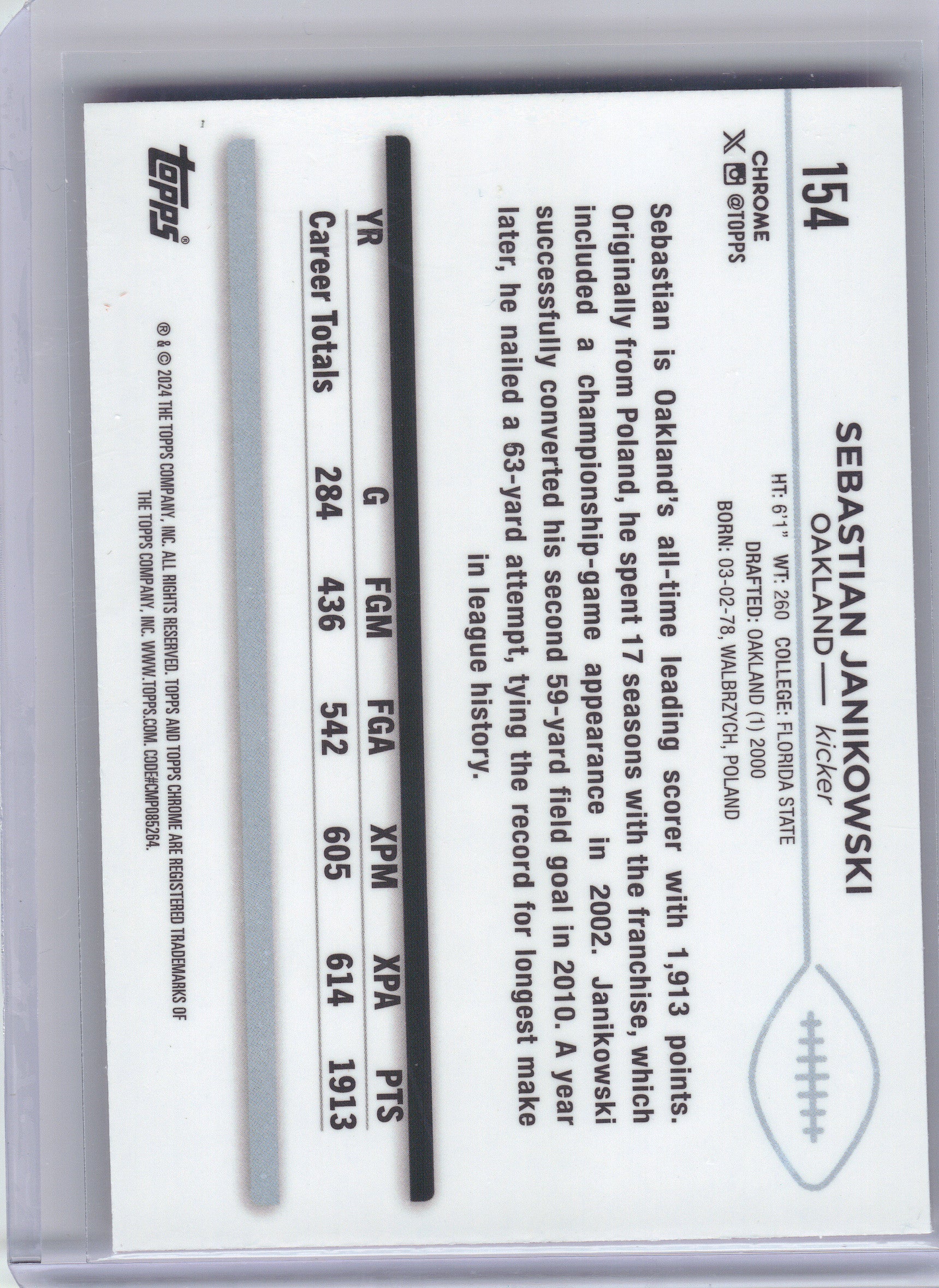 2024 Topps Chrome #154 Sebastian Janikowski Magenta Speckle Refractor #/399 Oakland Raiders SN