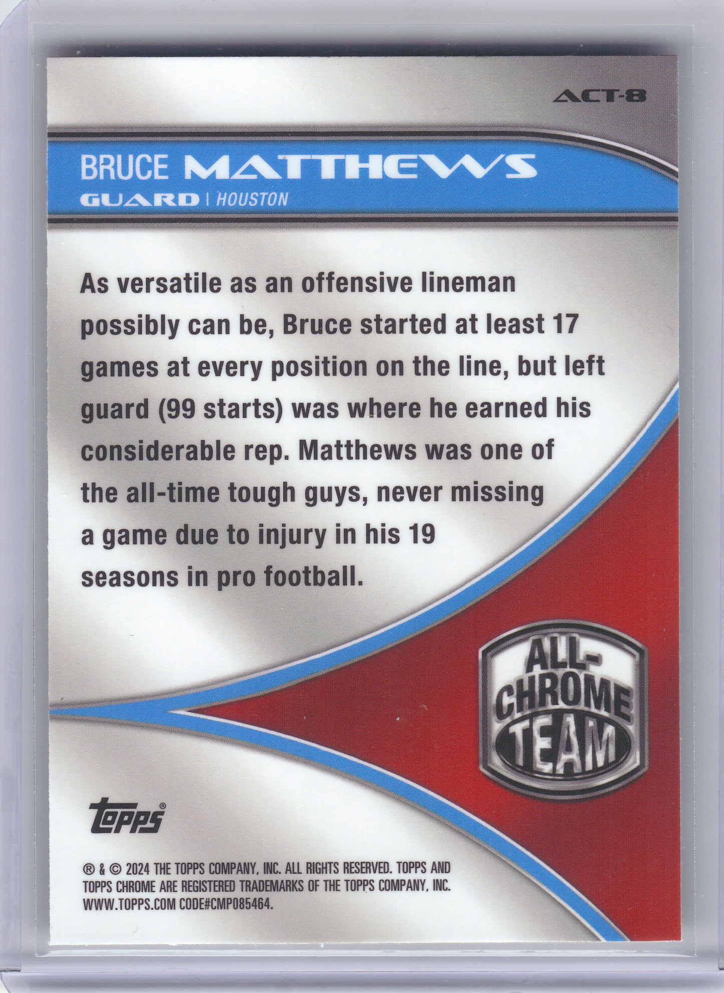2024 Topps Chrome #ACT-8 Bruce Matthews All-Chrome Team Yellow Refractor #/75 Houston Oilers SN