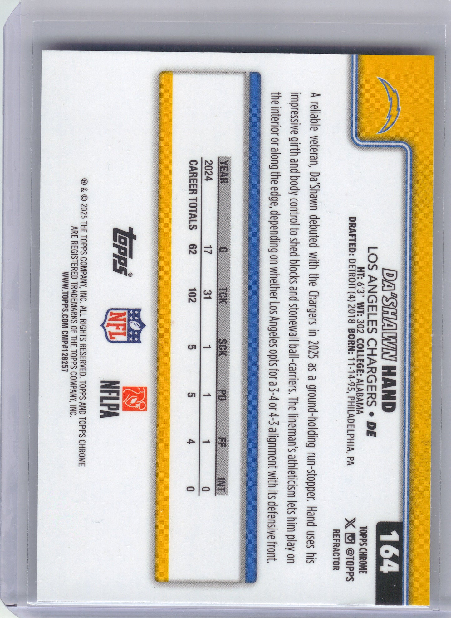 2025 Topps Chrome #164 Da'Shawn Hand Refractor Los Angeles Chargers