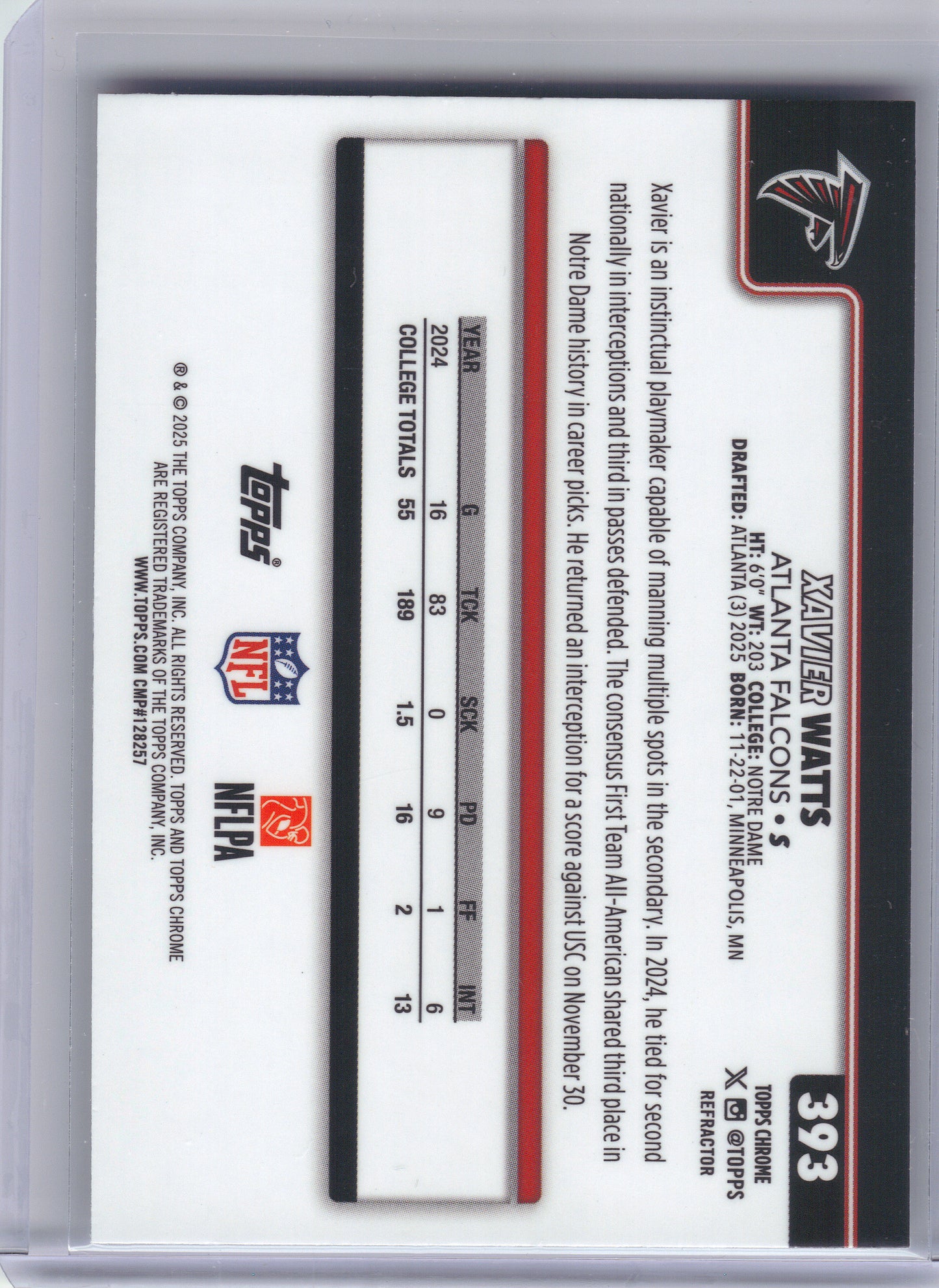2025 Topps Chrome #393 Xavier Watts Refractor Atlanta Falcons Rookie
