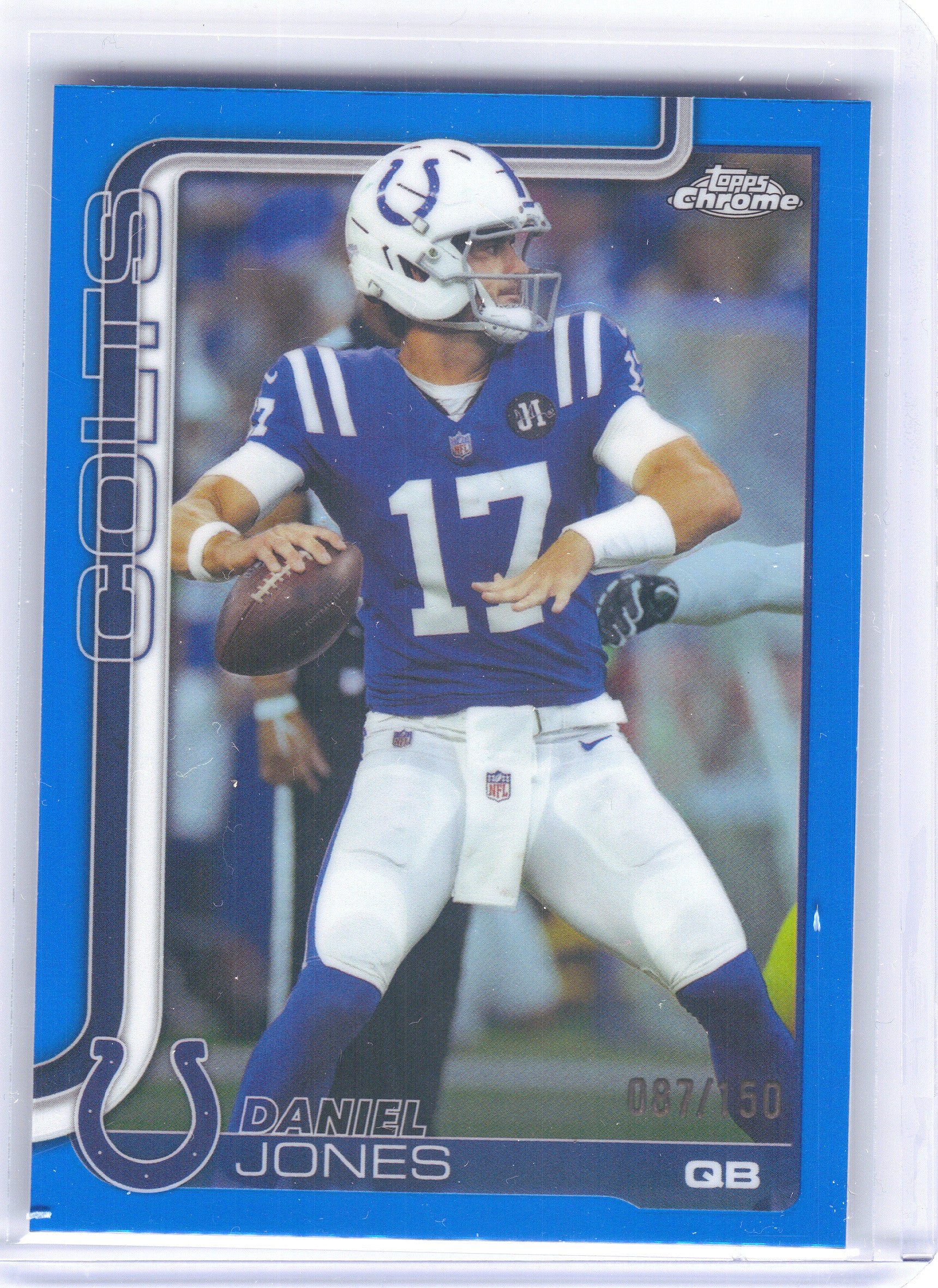 2025 Topps Chrome #132 Daniel Jones Blue Refractor #/150 Indianapolis Colts SN