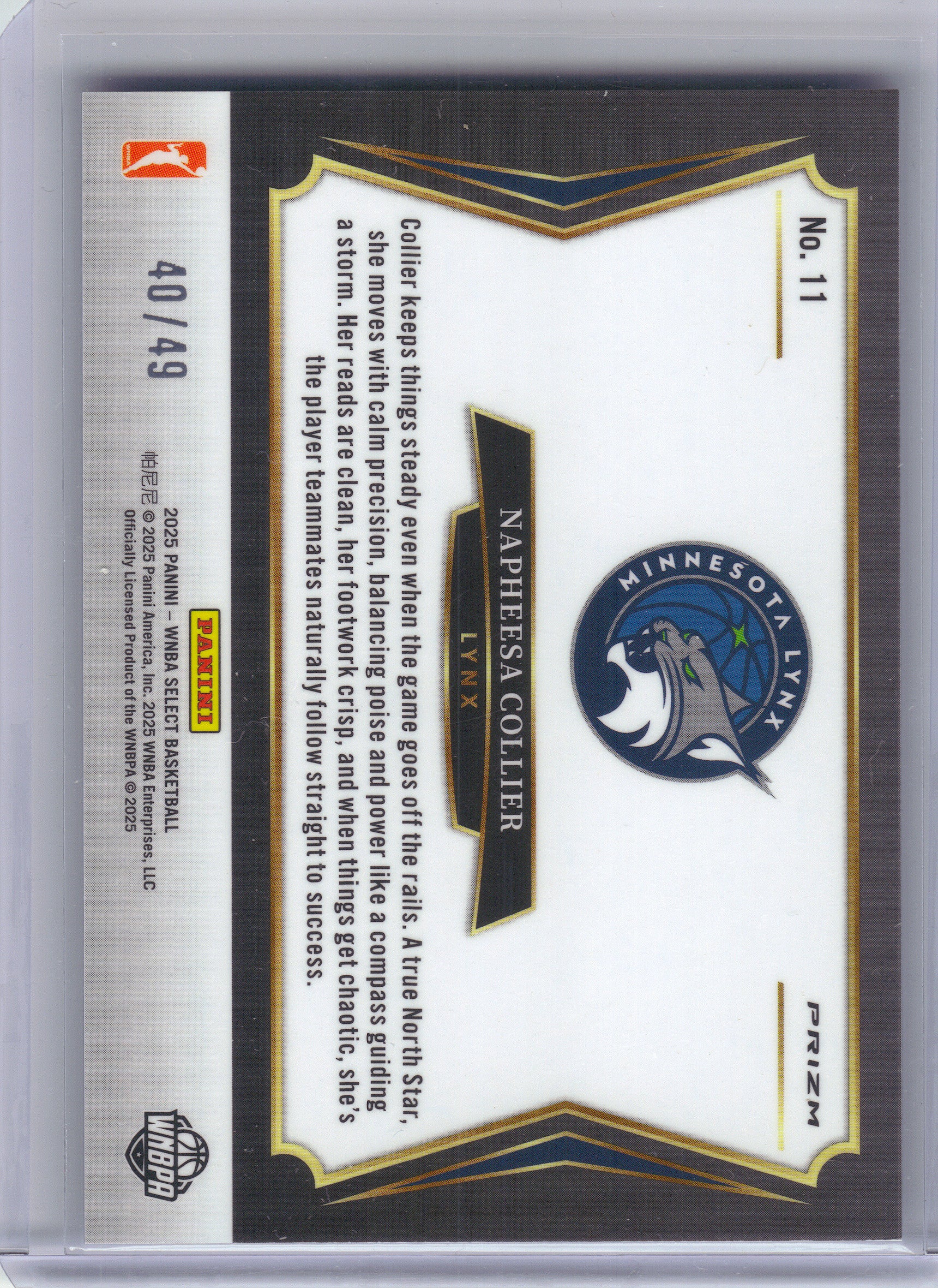 2025 Panini Select WNBA #11 Napheesa Collier All-Stars Blue #/49 Minnesota Lynx SN