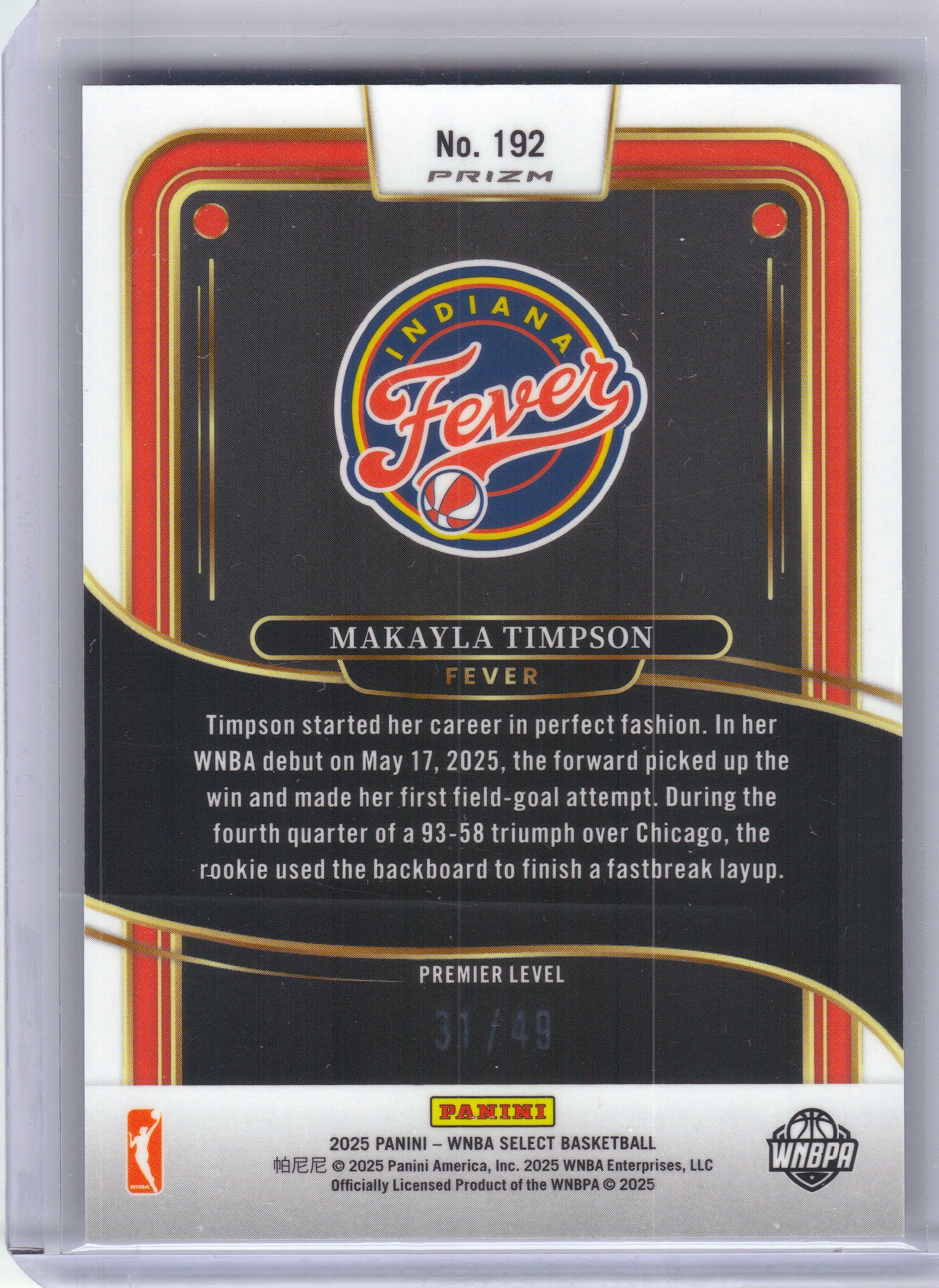 2025 Panini Select WNBA #192 Makayla Timpson Bronze Checker Prizms #/49 Indiana Fever SN