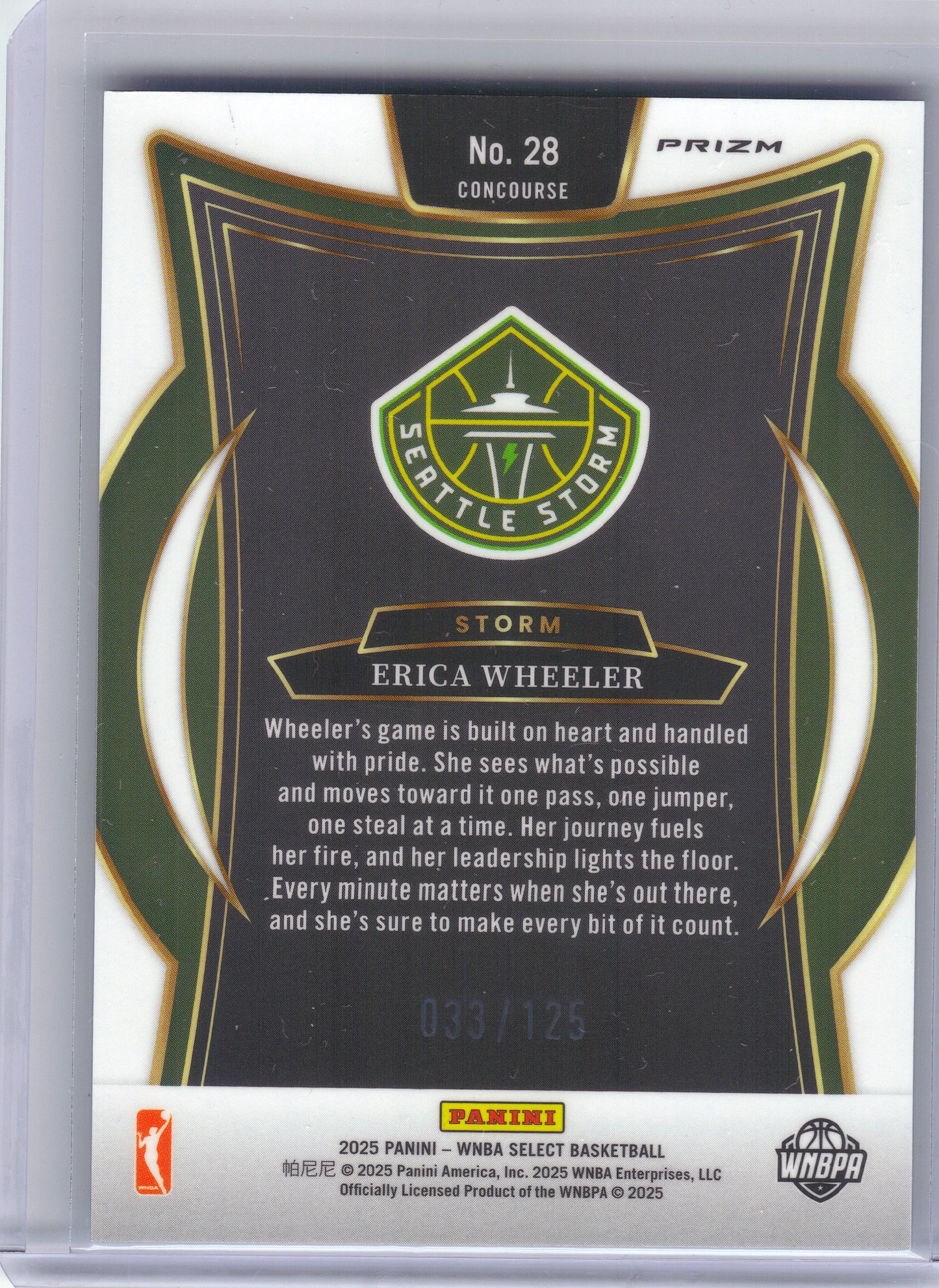 2025 Panini Select WNBA #28 Erica Wheeler Light Blue Disco Prizms #/125 Seattle Storm SN