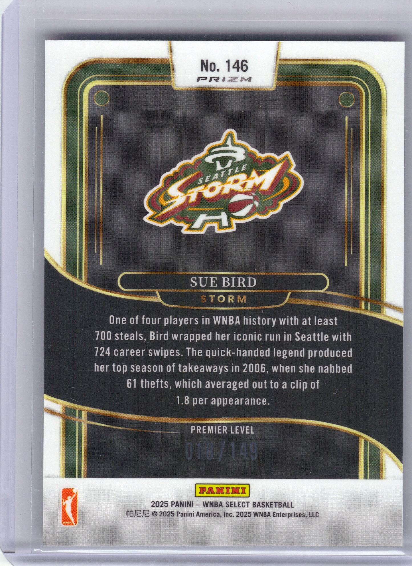 2025 Panini Select WNBA #146 Sue Bird Purple Prizms #/149 Seattle Storm SN