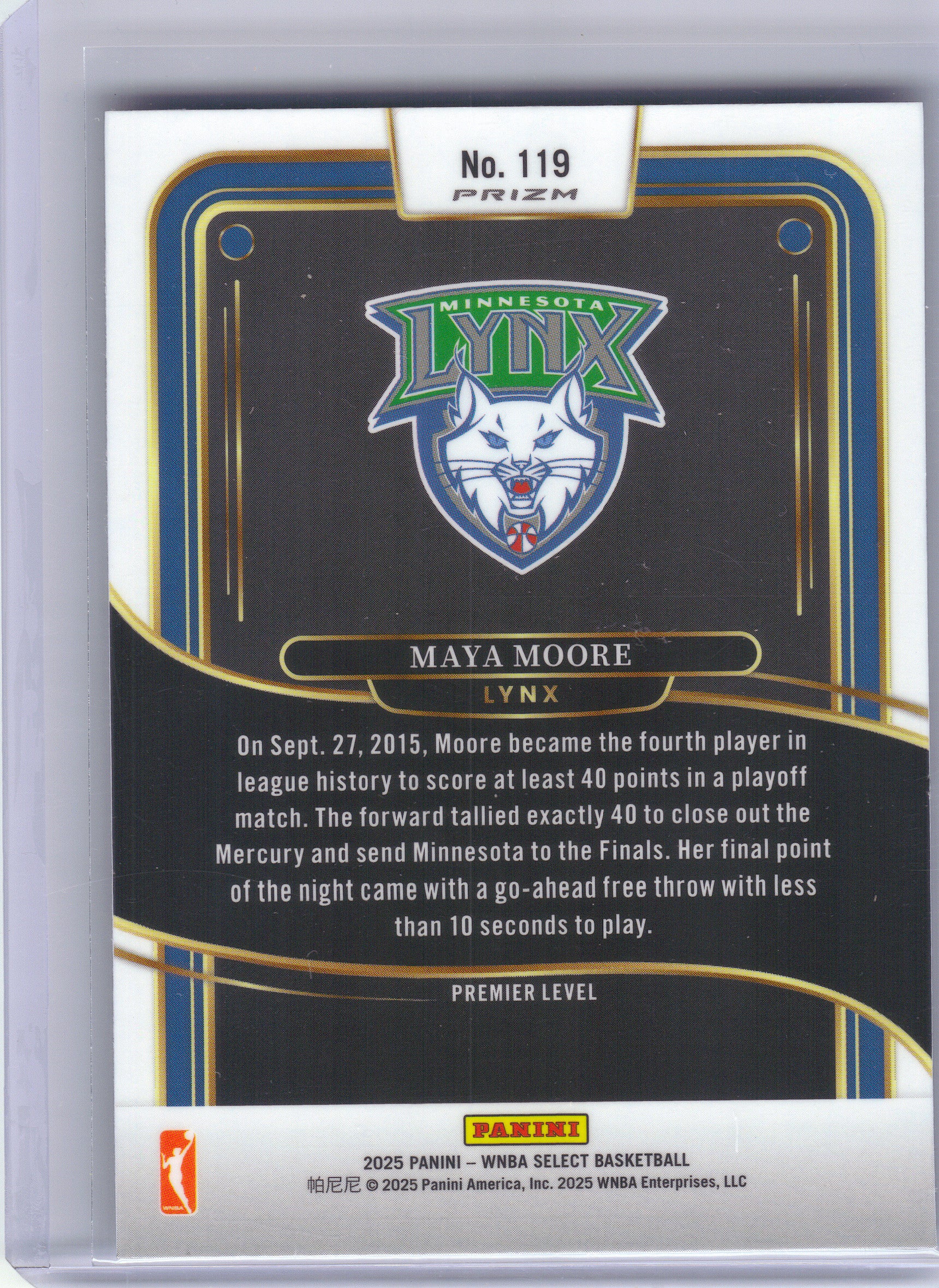 2025 Panini Select WNBA #119 Maya Moore Silver Prizms Minnesota Lynx