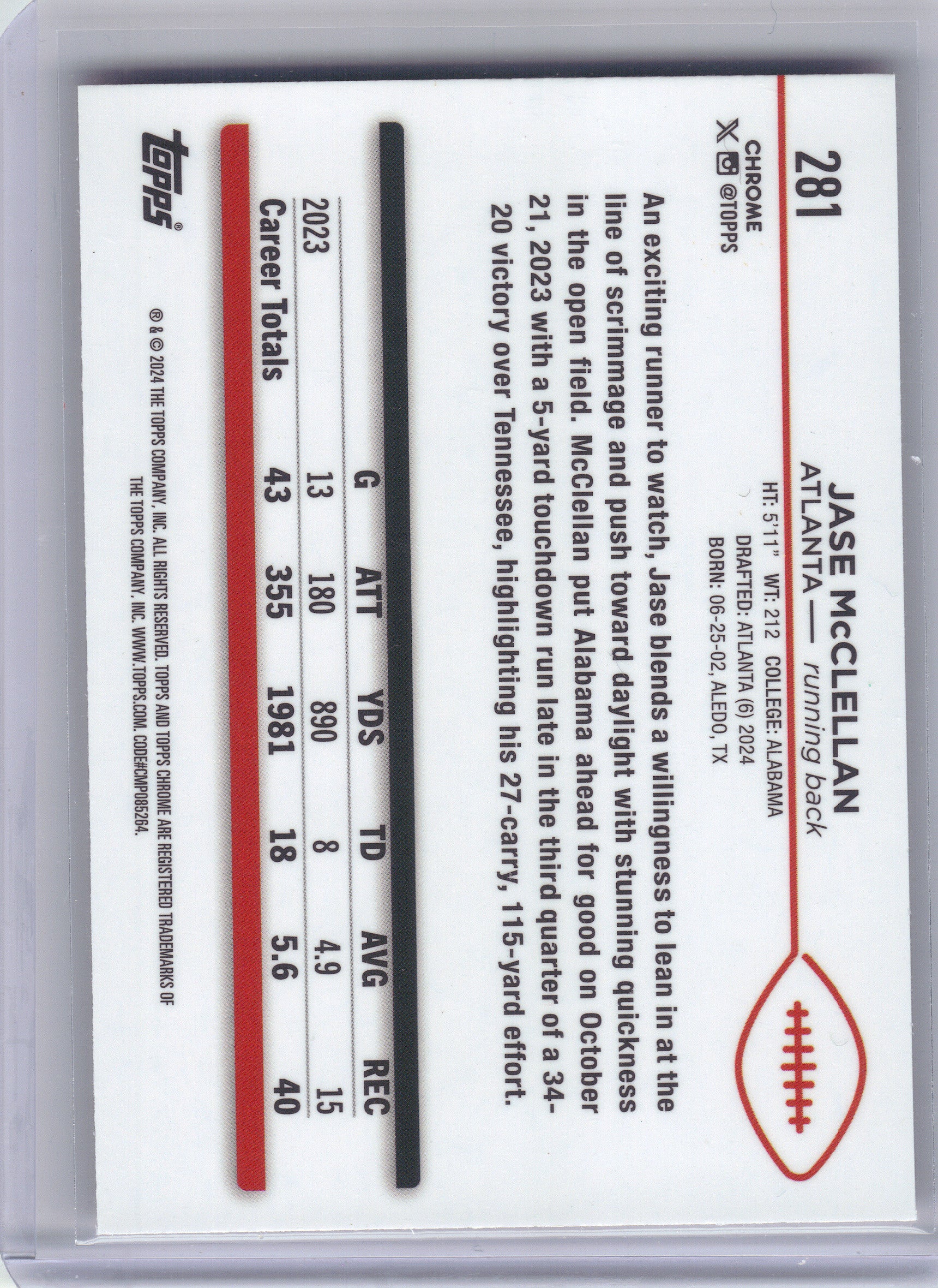 2024 Topps Chrome #281 Jase McClellan Magenta Speckle Refractor #/399 Atlanta Falcons SN, Rookie