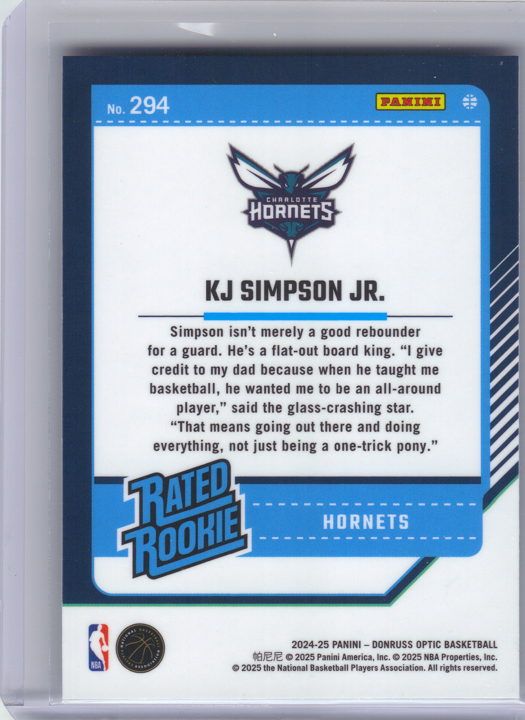 2024-25 Donruss Optic #294 KJ Simpson Jr. Charlotte Hornets Rookie