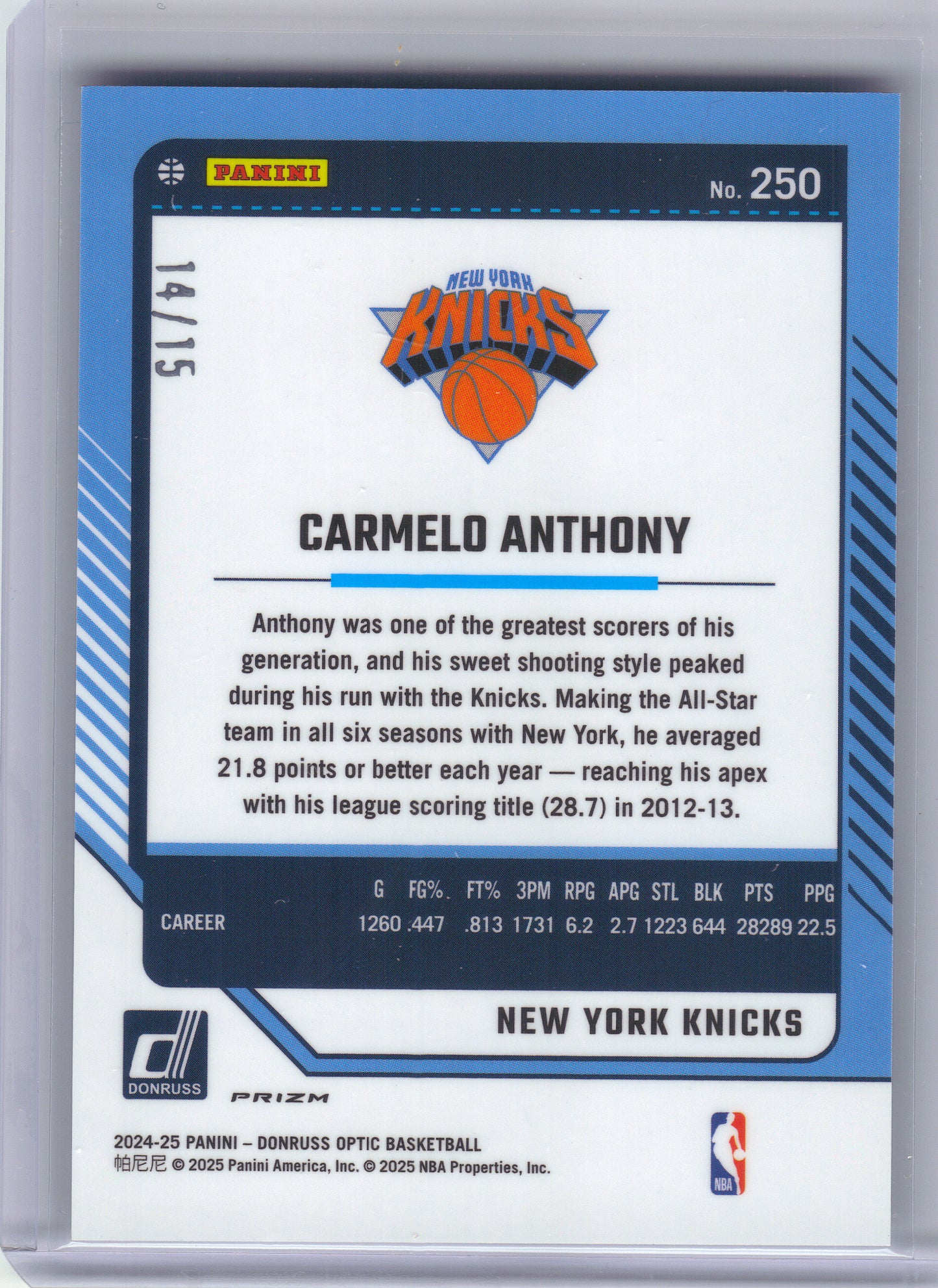 2024-25 Donruss Optic #250 Carmelo Anthony White International #/15 New York Knicks SN