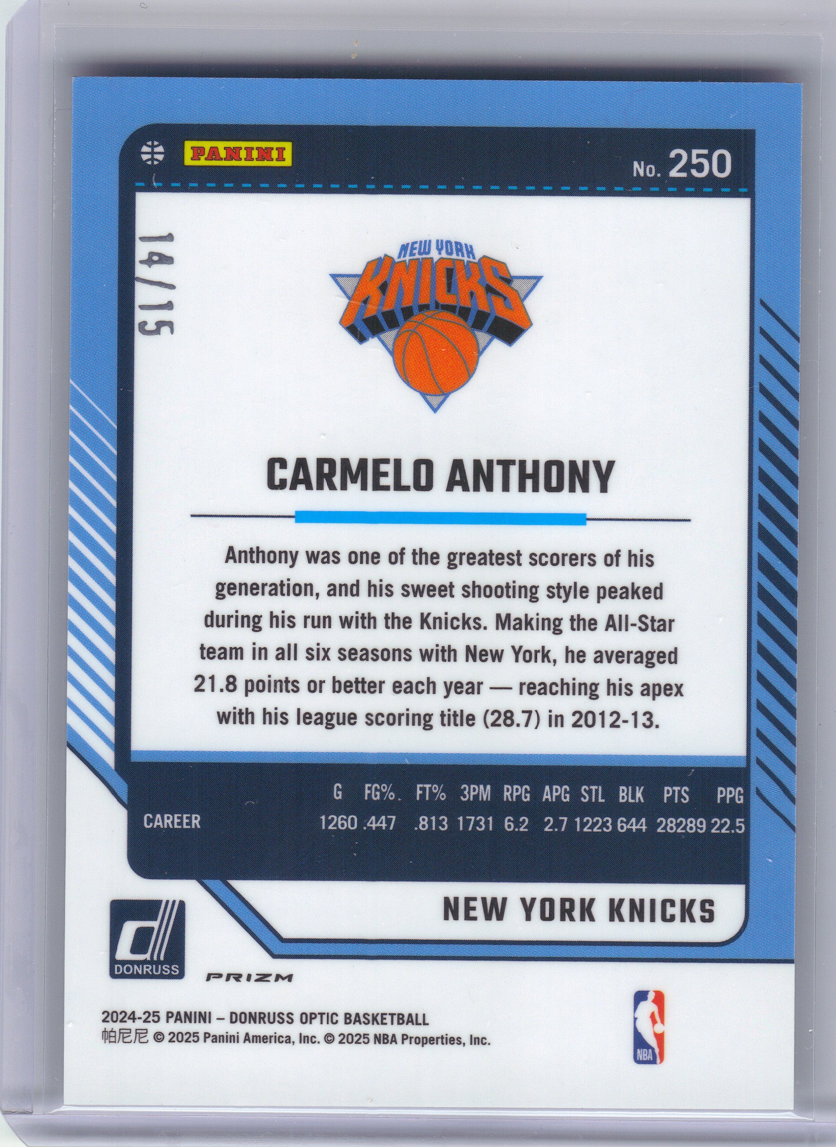 2024-25 Donruss Optic #250 Carmelo Anthony White International #/15 New York Knicks SN
